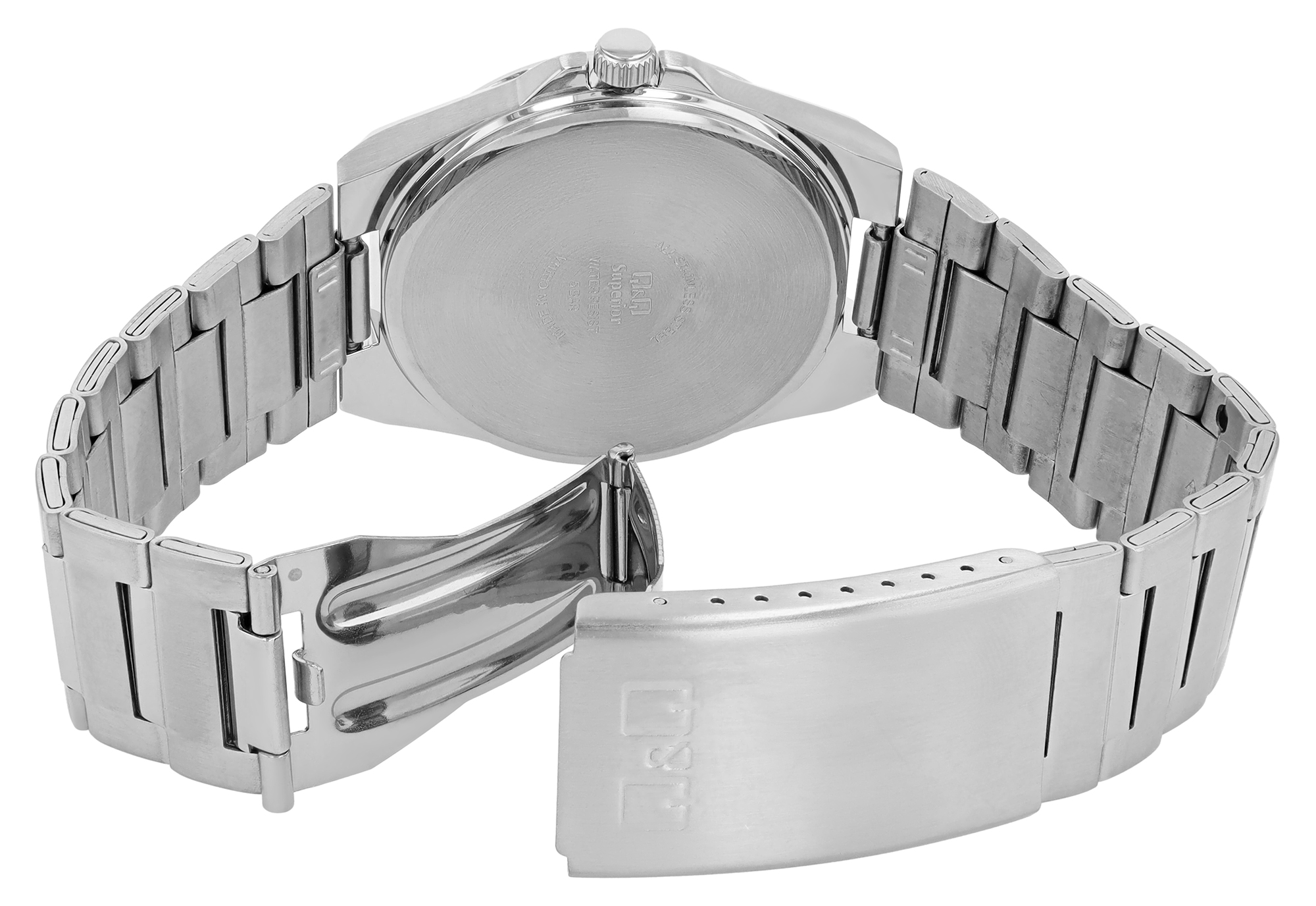 Q&Q Superior Herrenuhr Ø 40 mm, Edelstahlgehäuse, Edelstahlband, silberfarben/blau