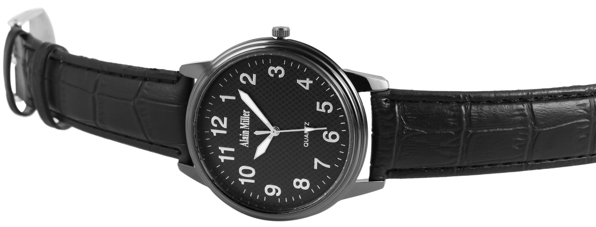 Alain Miller Herrenarmbanduhr mit Lederimitationsarmband, schwarz