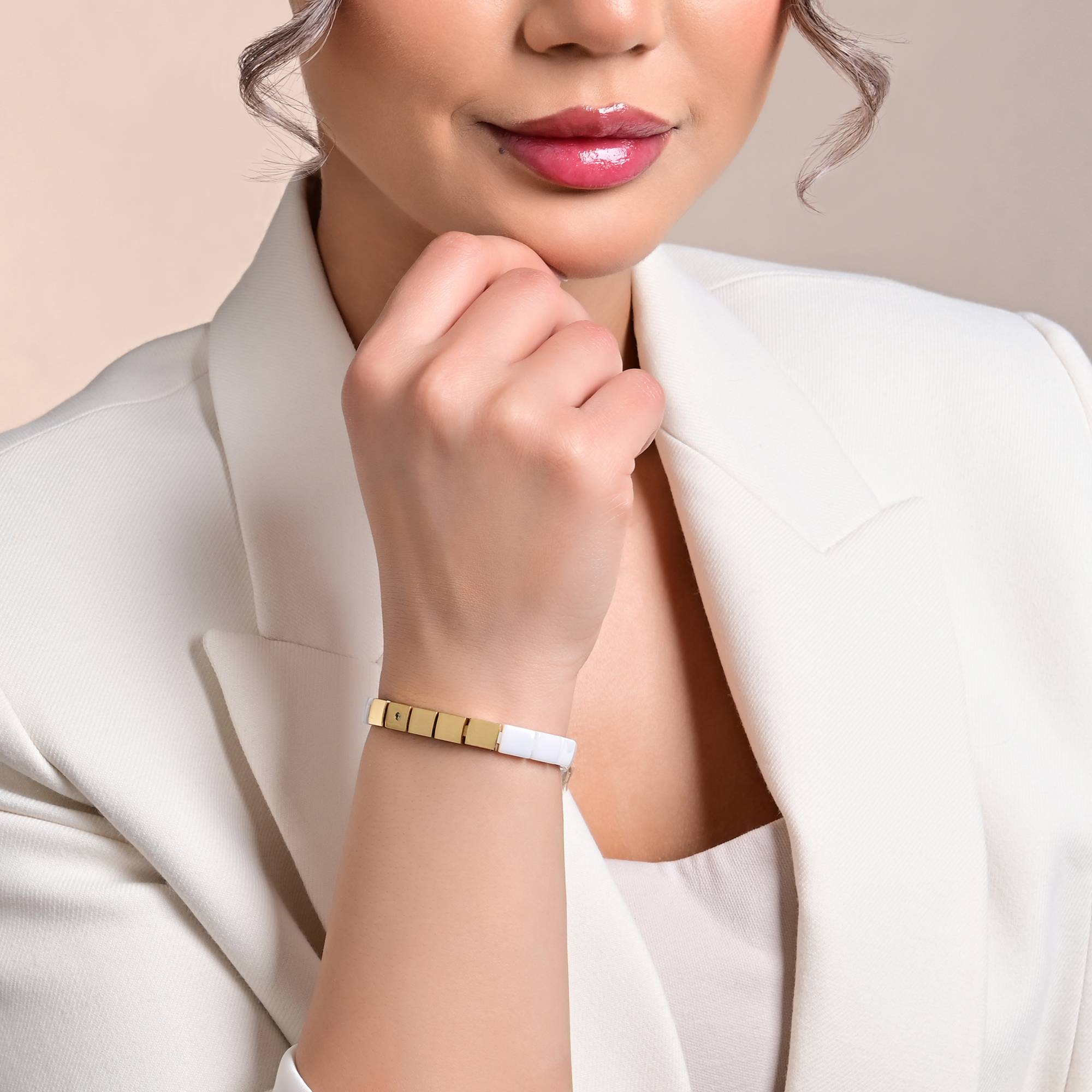 "Ayun" Akzent Edelstahl-Keramik ID-Armband, 20 cm, weiß/ goldfarben