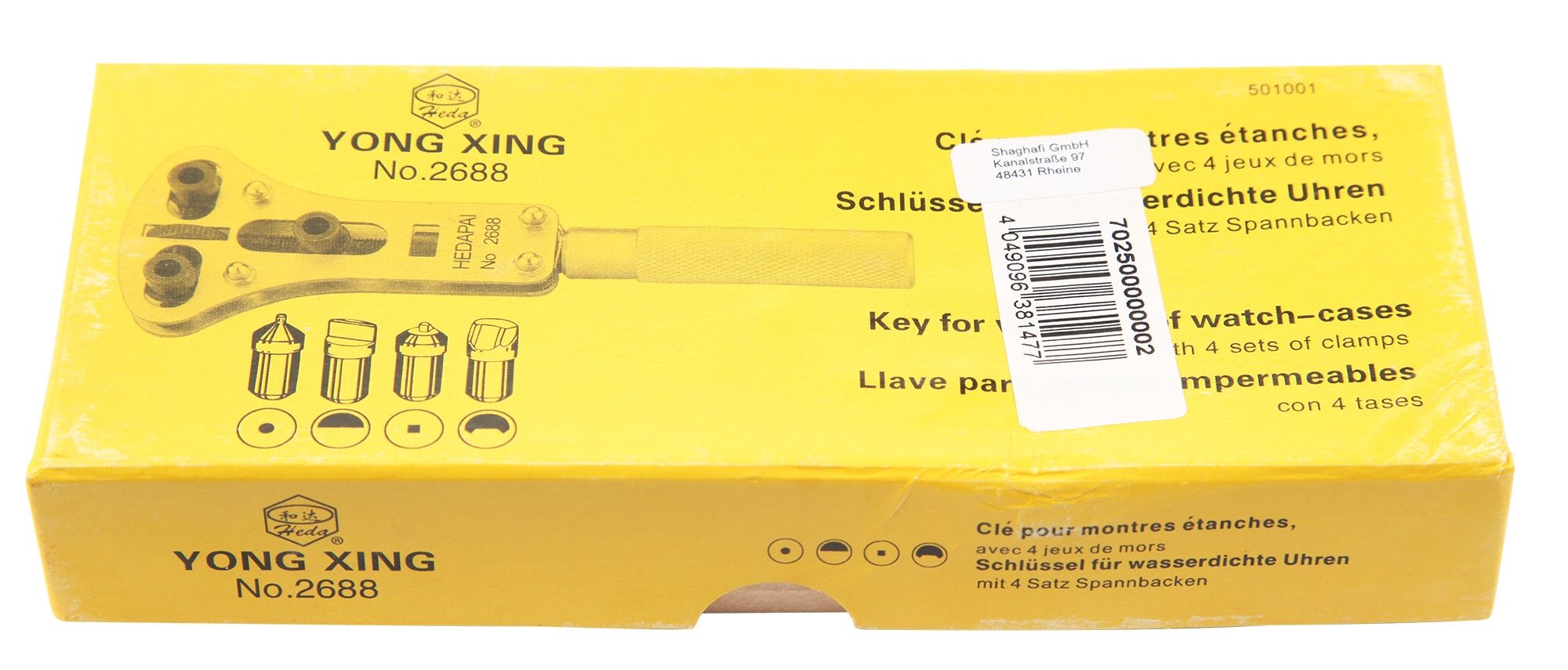 Gehäuseöffner mit 3 einstellbaren Spannbacken, inkl. Box und Ersatzeinsätzen