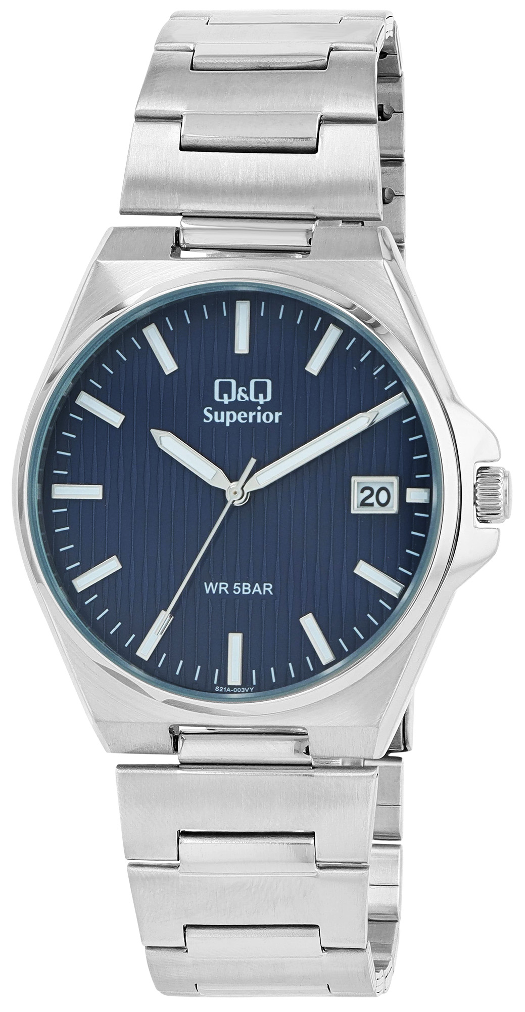 Q&Q Superior Herrenuhr Ø 40 mm, Edelstahlgehäuse, Edelstahlband, silberfarben/blau