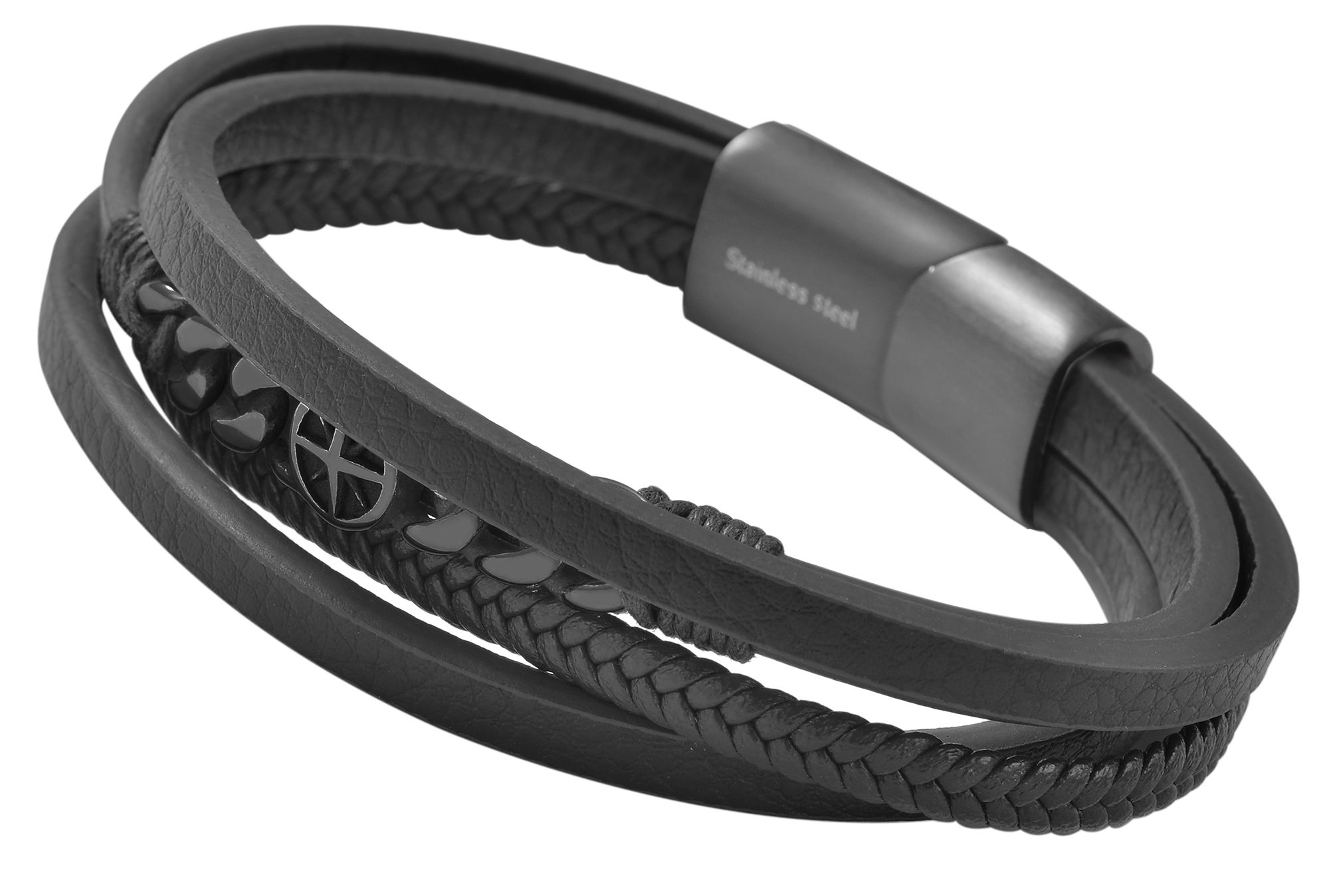 Akzent Armband aus Lederimitation mit Edelstahlelement, Ionenplattiert, schwarz, 23 cm