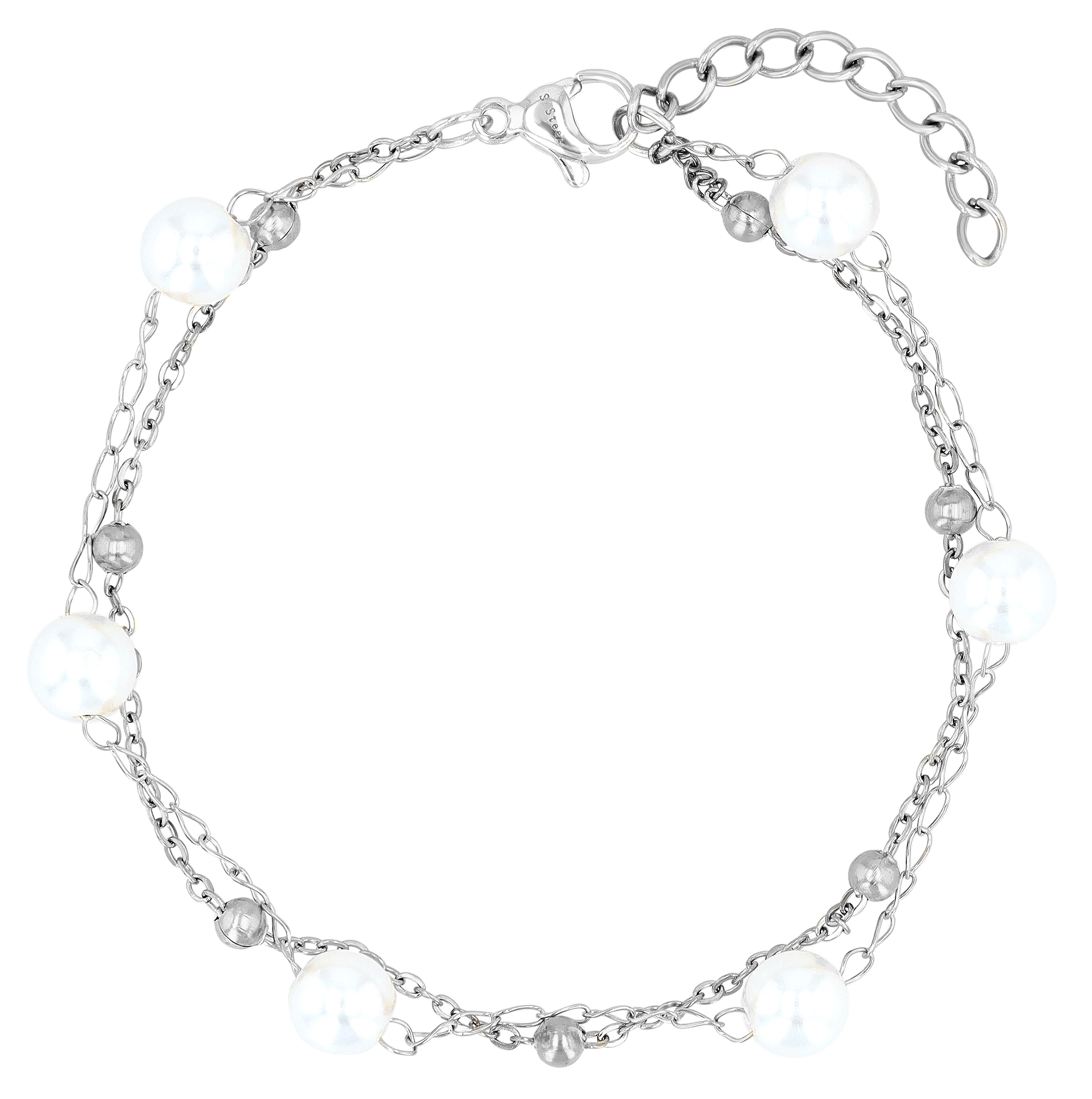 "Mahila" Armband 17+3 cm, Layering, Edelstahl/ Glasperle, silberfarben