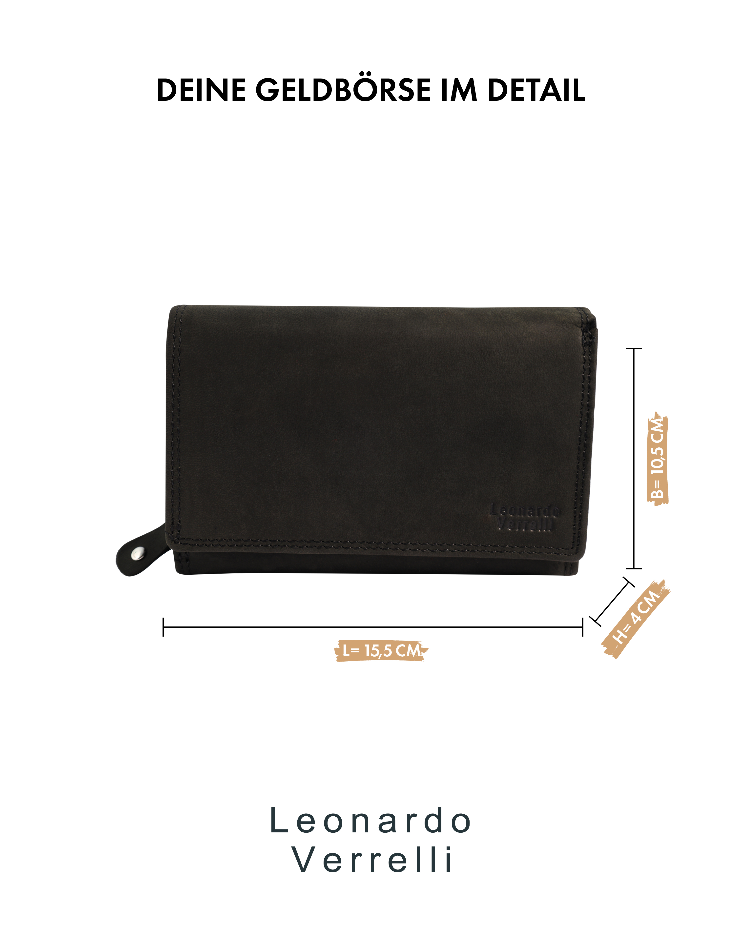 Leonardo Verrelli Echtleder (Hunter) Damen Geldbörse, Querformat, RFID, schwarz