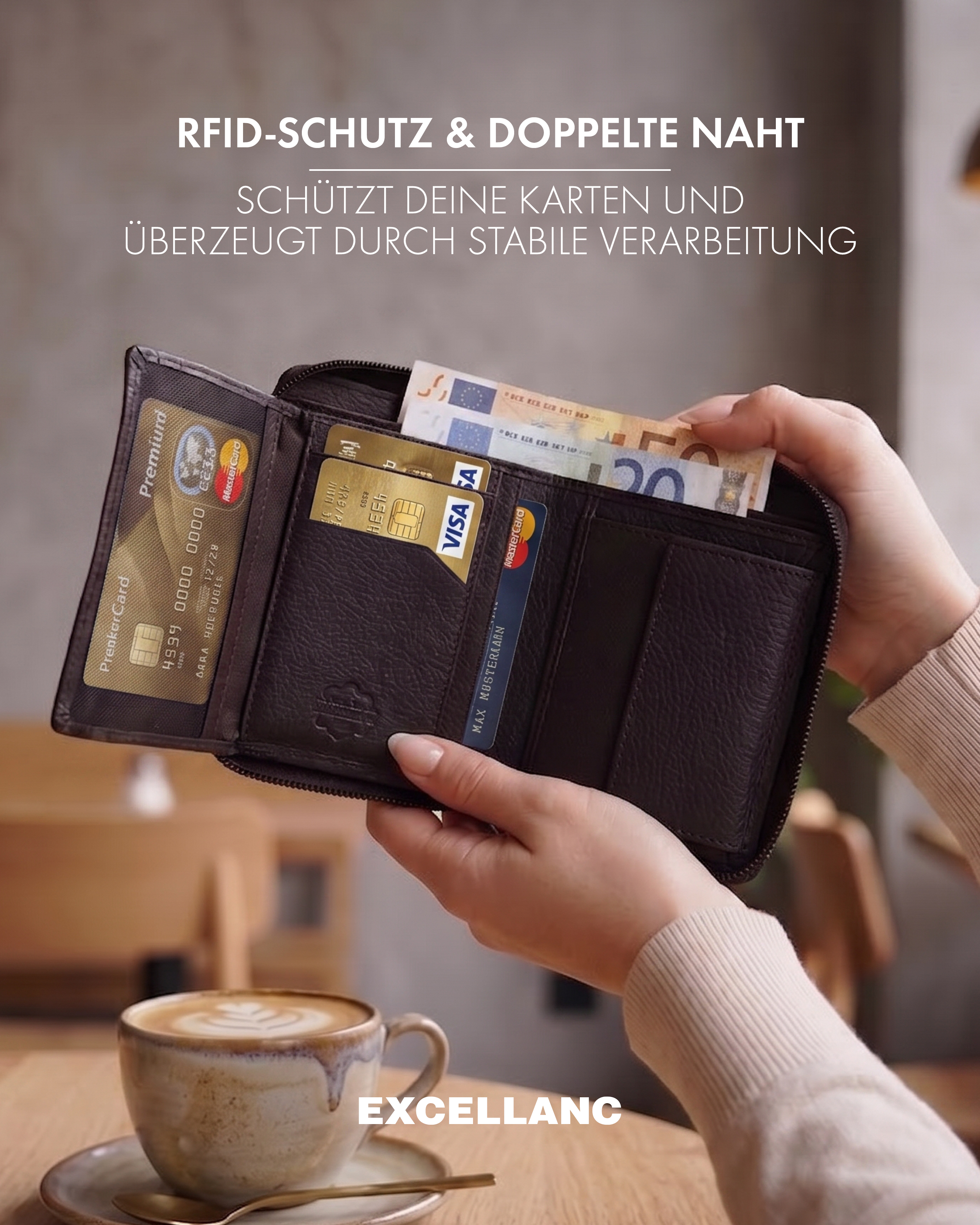 Excellanc Damen Geldbörse aus Echtleder (Nappa), RFID, Hochformat, braun