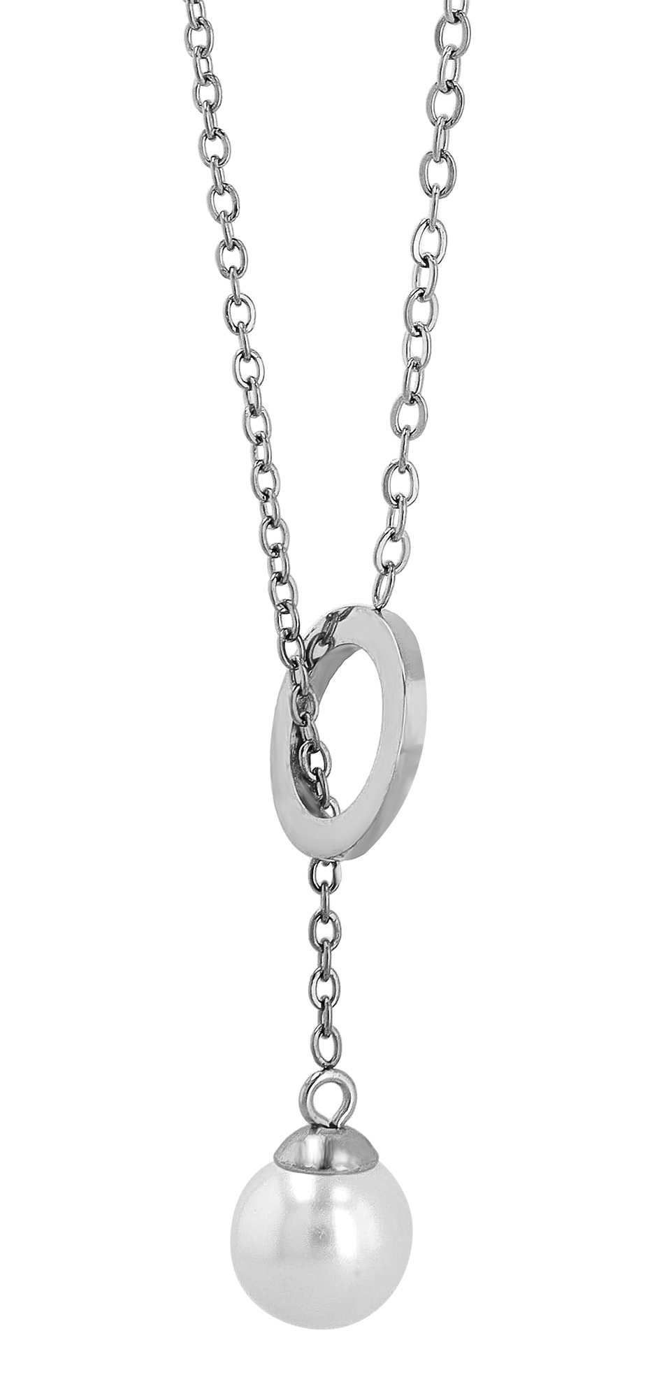 "Dunda", Akzent Ankerkette, Edelstahl, Perle & Ring, poliert, silberfarben, 45 cm