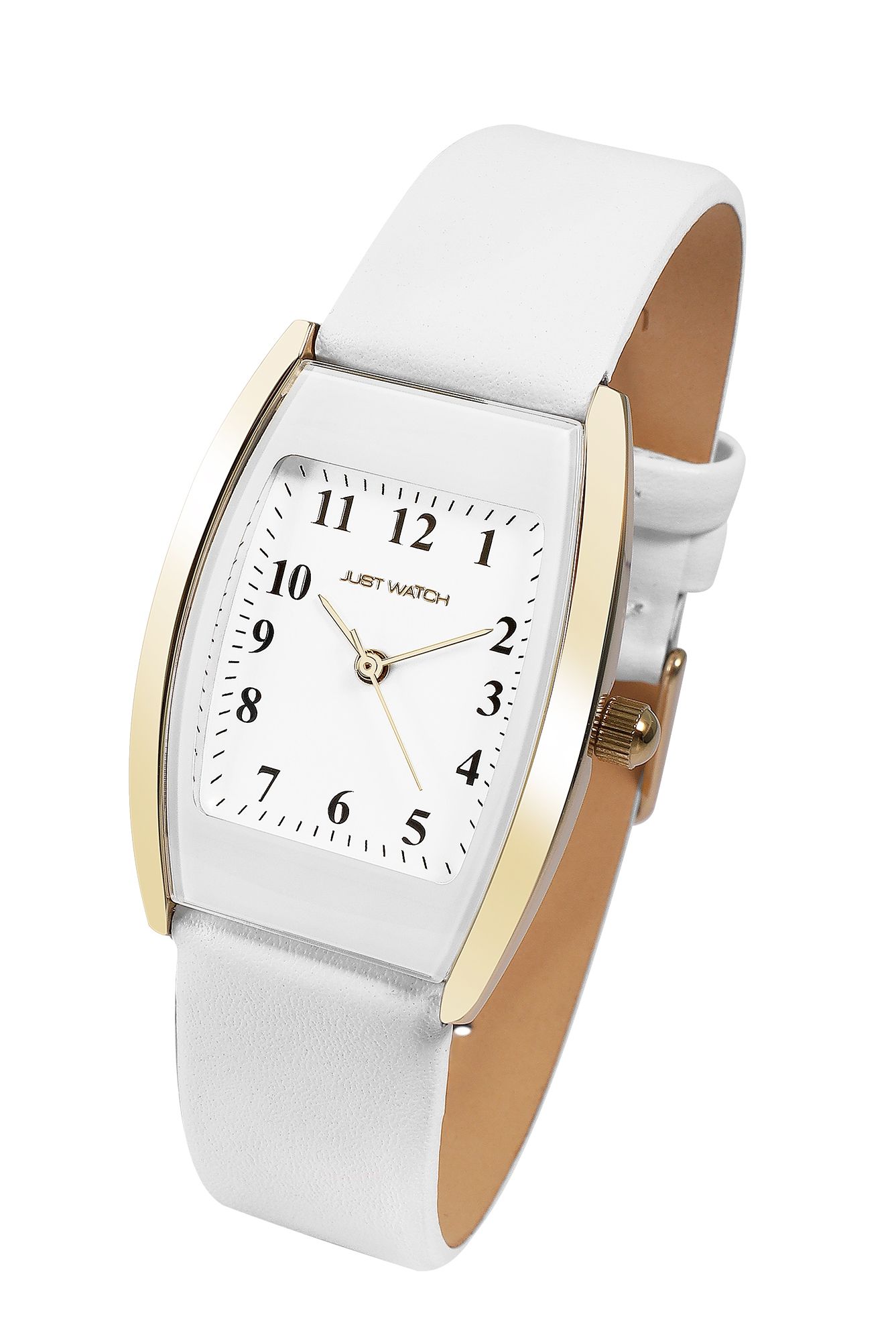 Just Watch Damenuhr mit Echtlederarmband, Tonneau, weiß/ goldfarben