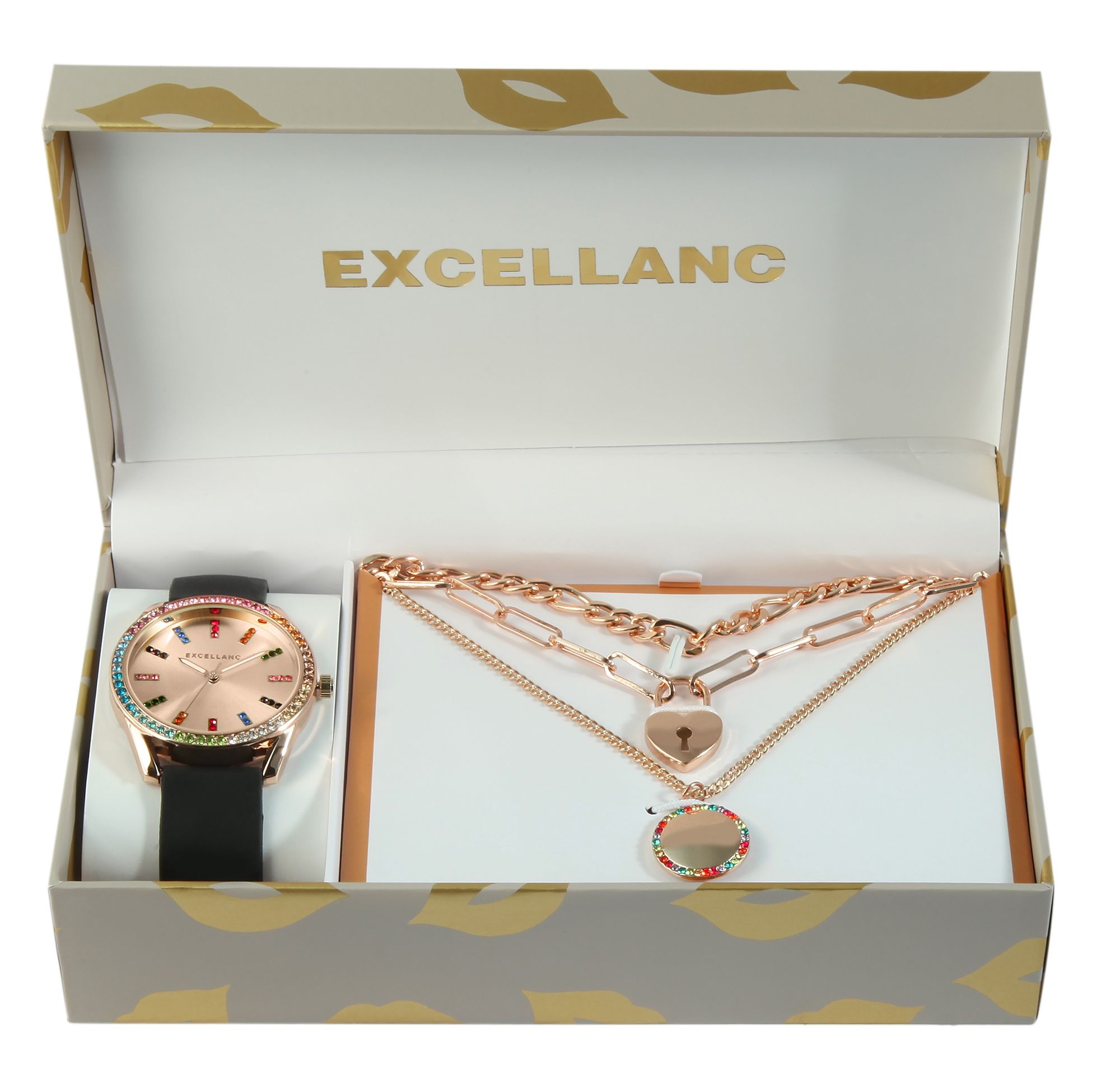 Excellanc Geschenkset mit Damenarmbanduhr und drei Ketten, bunter Similibesatz, roségoldfarben