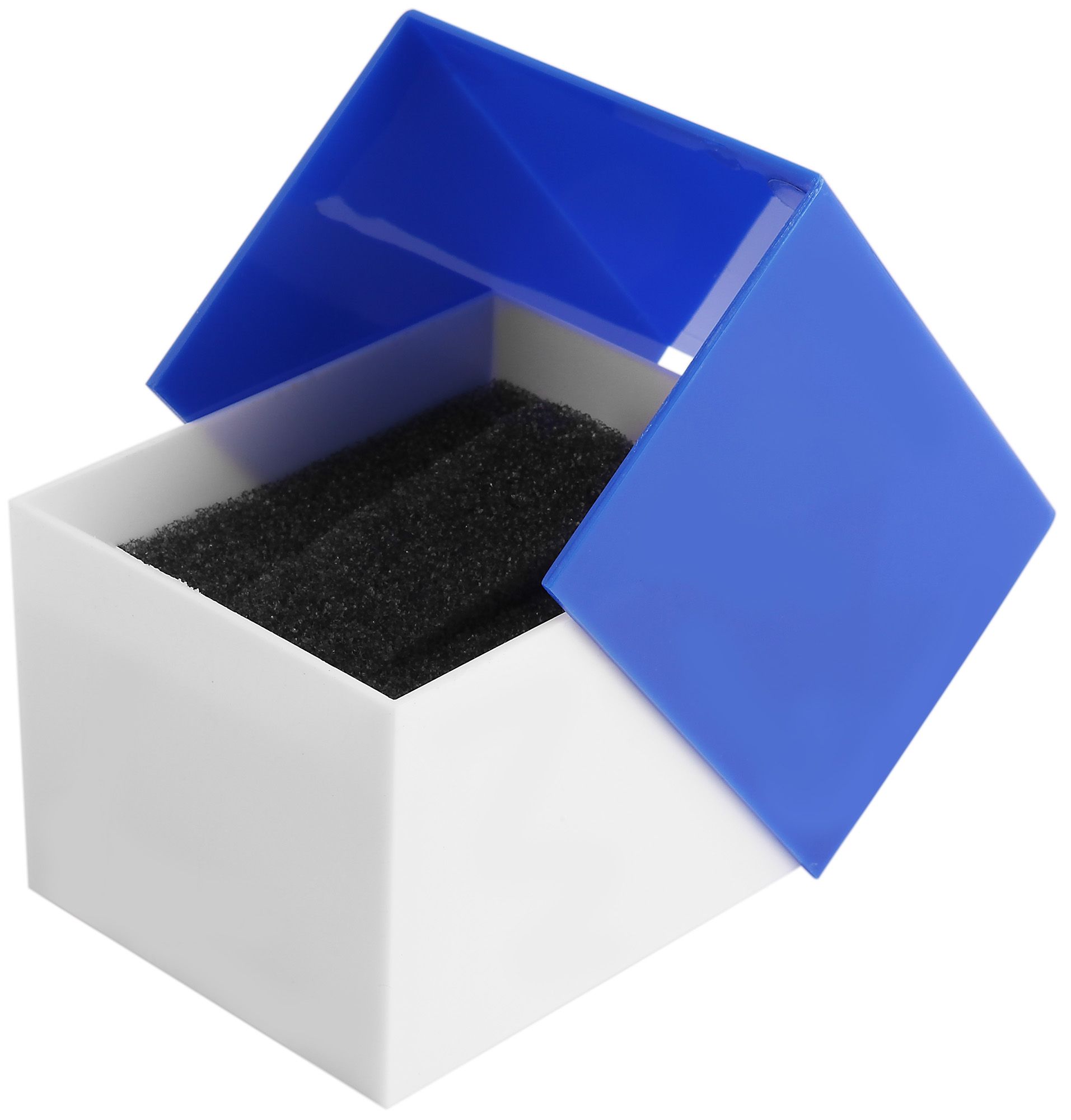 Kunststoff-Uhrenbox, weiß/blau, Klappdeckel, VE 12, 9,9 cm x 8,1 cm x 6,8 cm