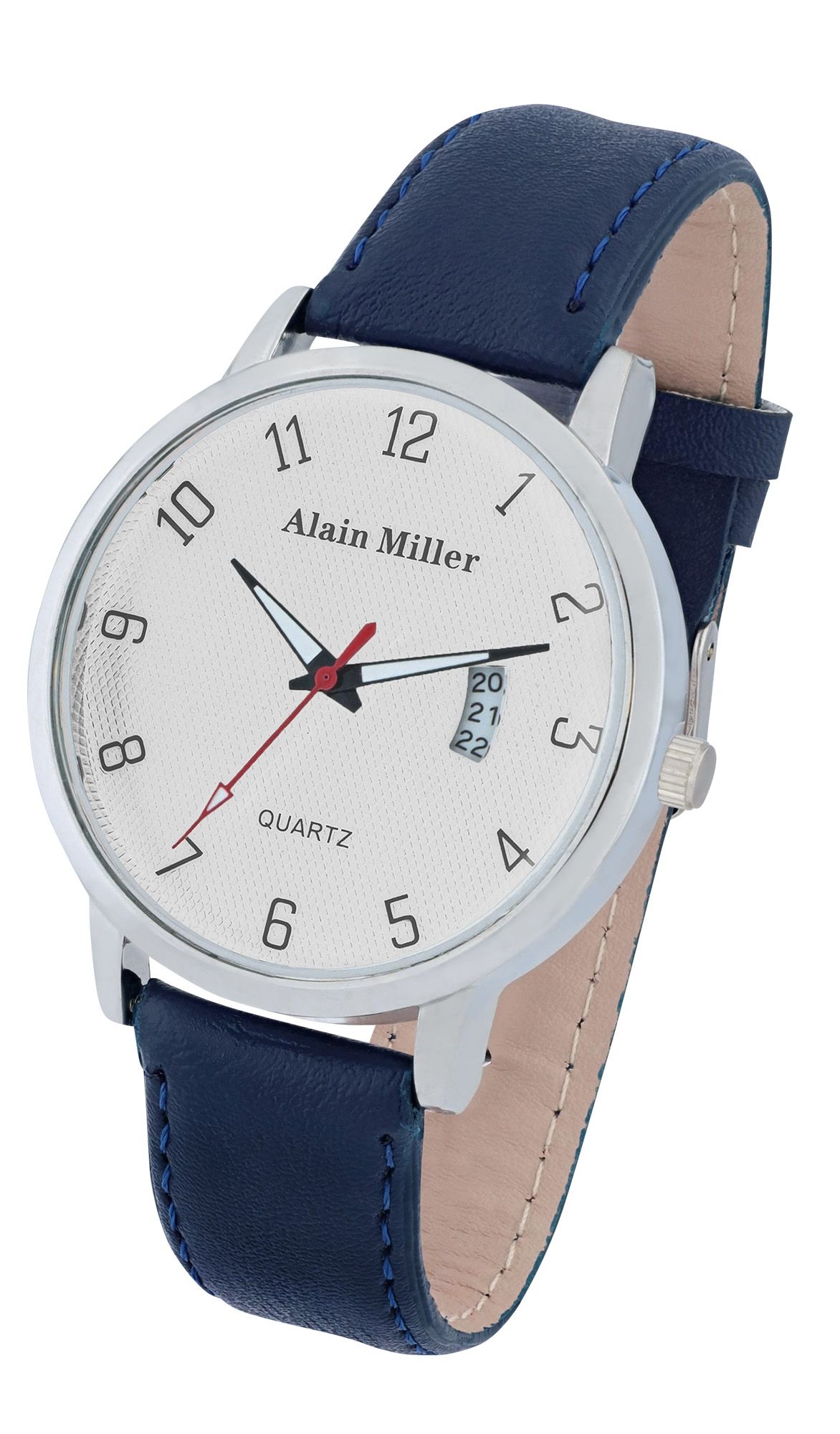 Alain Miller Herrenuhr mit Band aus Lederimitat, blau + weiß