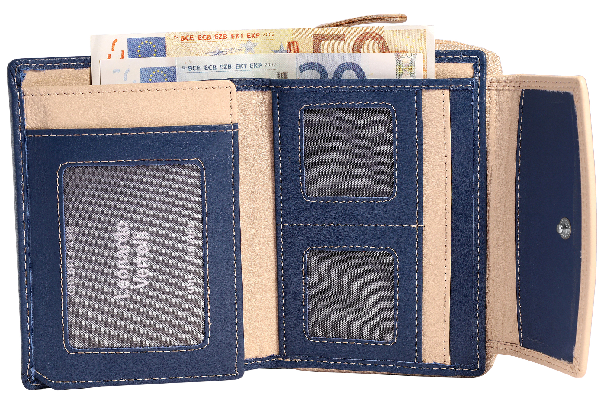 Leonardo Verrelli Echtleder (Nappa) Damen Geldbörse, RFID, Querformat, blau/ beige