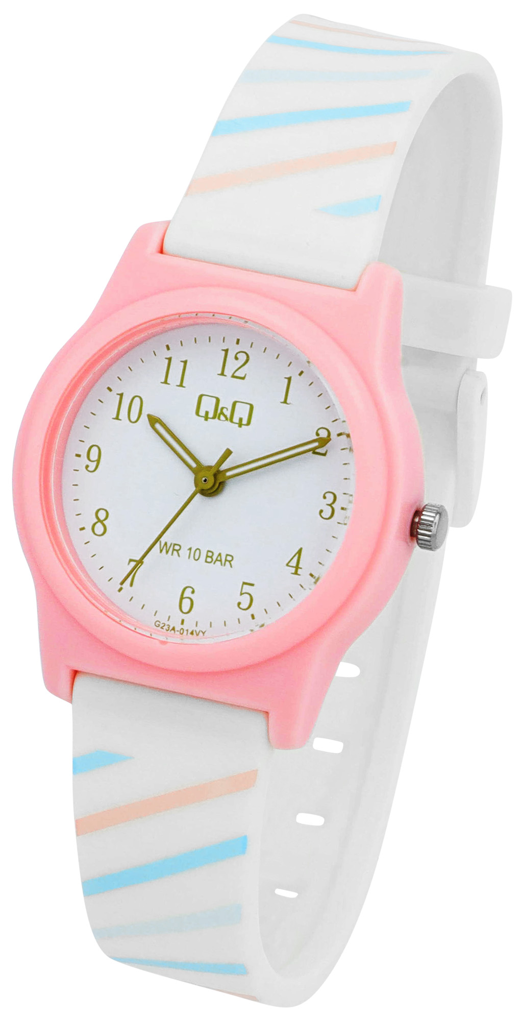Q&Q Kinderuhr Ø 31 mm, Resinband, weiß/ rosa - Streifenmuster