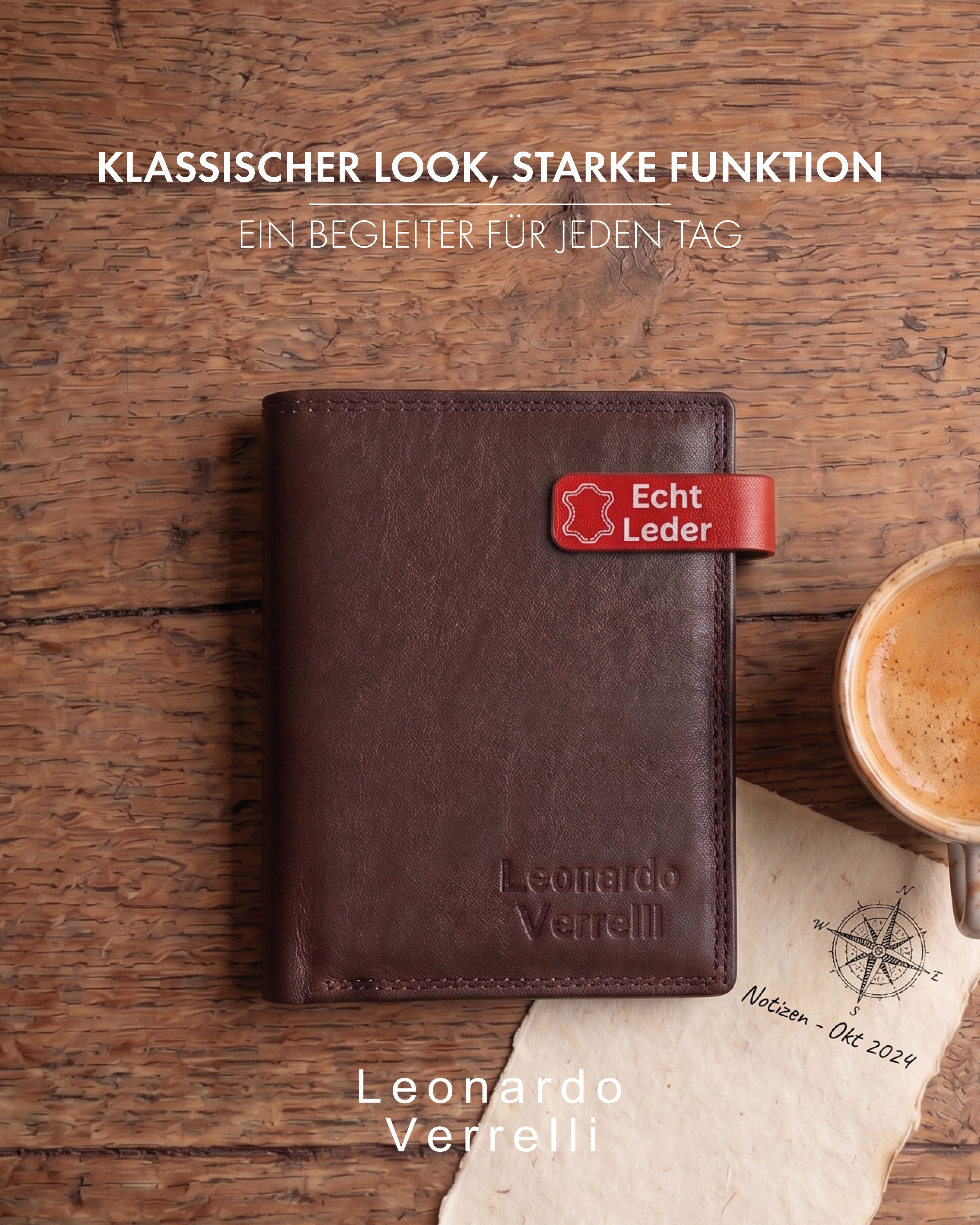 Leonardo Verrelli Echtleder (Nappa) Geldbörse, RFID, Hochformat, dunkelbraun