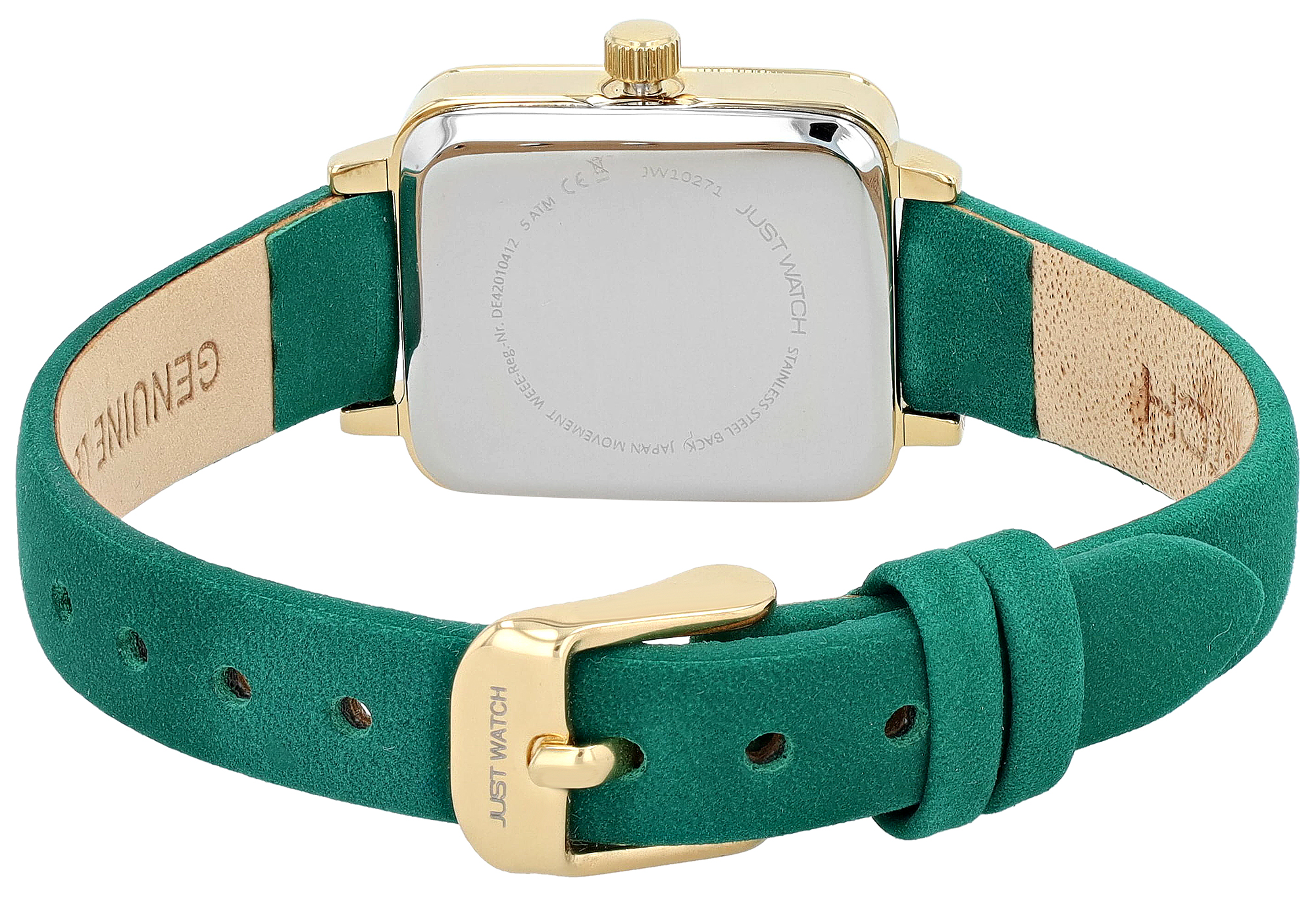 JUST WATCH Damenuhr "Aveline" mit Echtlederband, eckiges Design, grün/ goldfarben