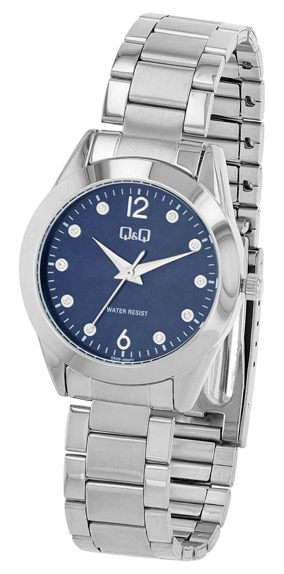 Q&Q Damenuhr mit Edelstahlband, Ø 34 mm, silberfarben/ blau