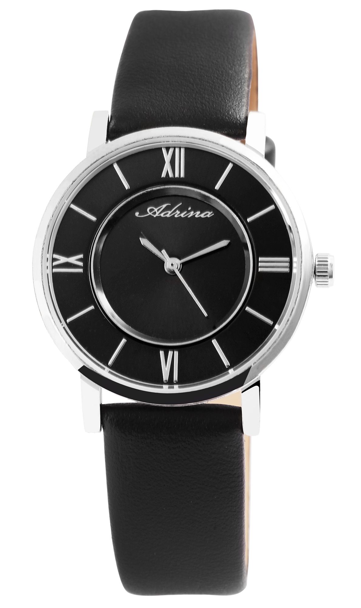 Adrina Damenuhr mit Lederimitationsband, Ø 32 mm, schwarz/ silberfarben