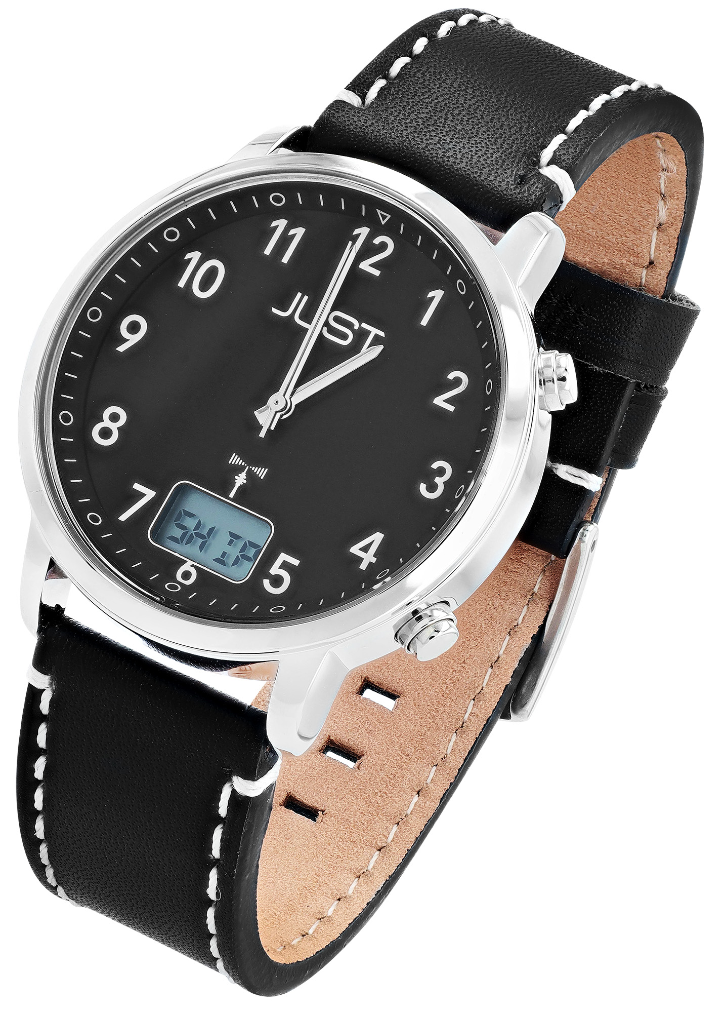 JUST Herren-Funkuhr "Vita Tempus" Ø 40 mm (schwarzes Zifferblatt & Arabische Ziffern), Echtlederband