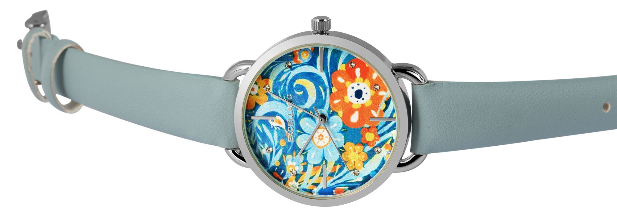 Excellanc Damenuhr mit Lederimitationsarmband, floral, hellblau