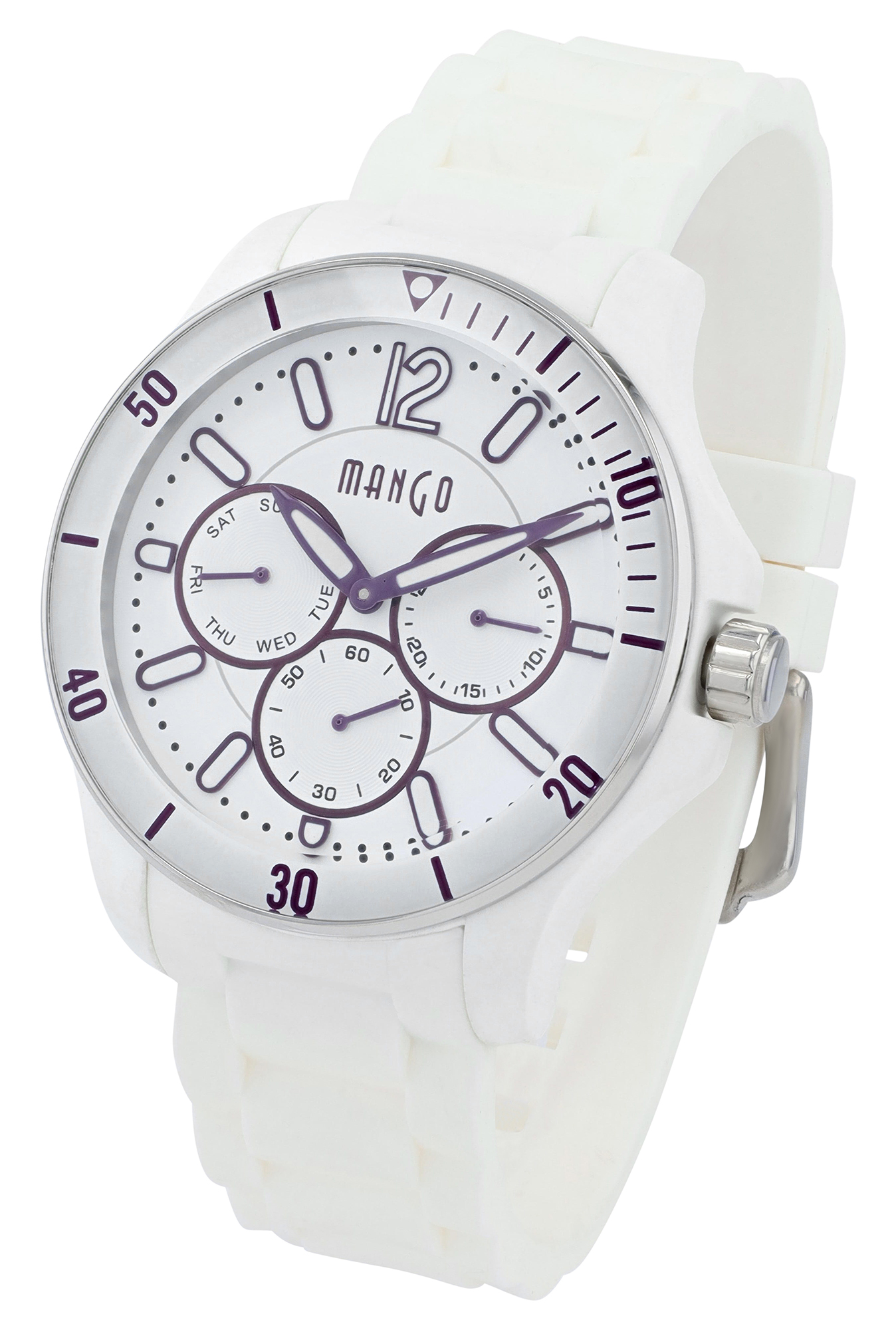 Mango Damenuhr Ø 41 mm, Silikonband, weiß/ silberfarben (lila Deatils)