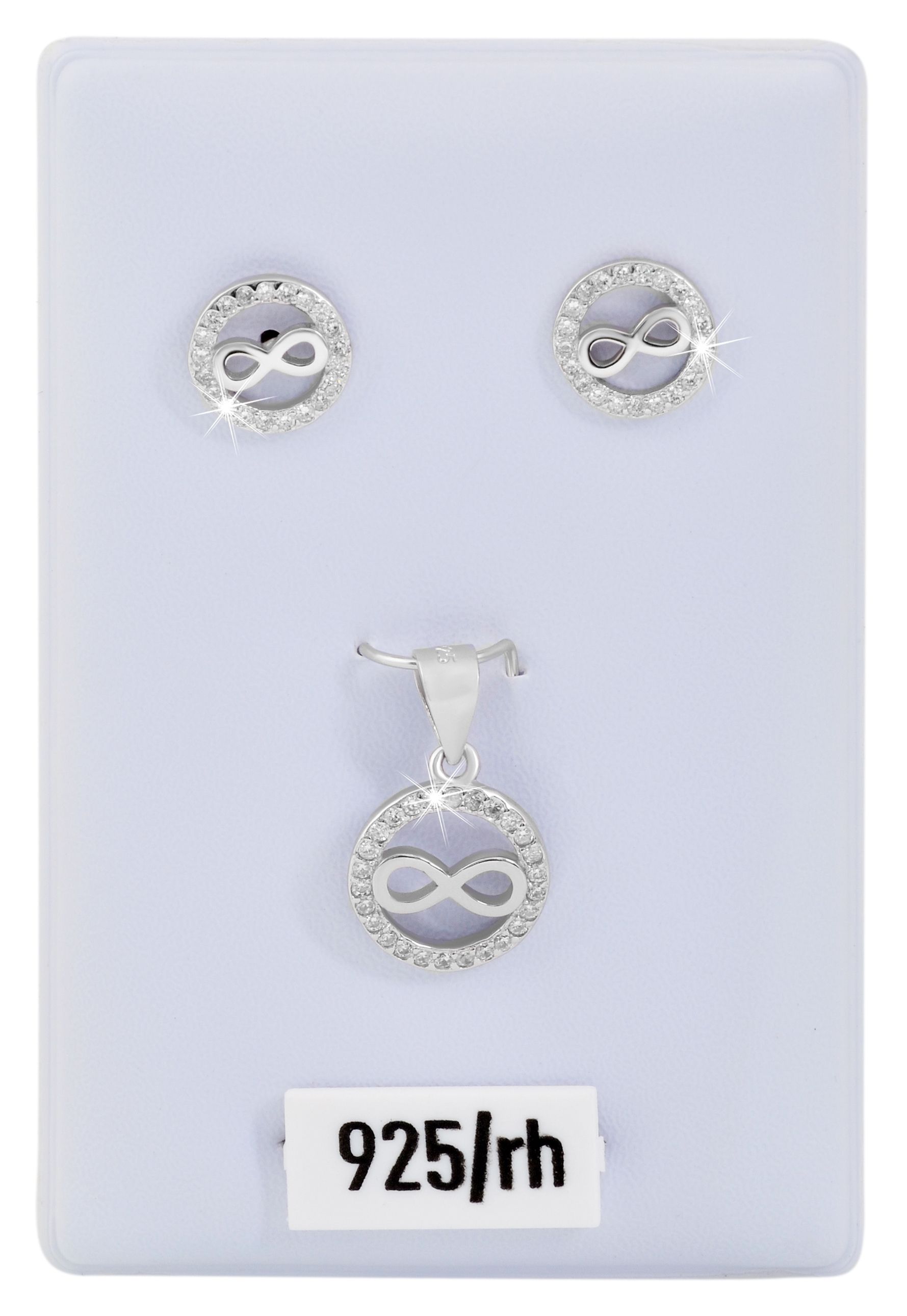 "Irina" 925/- Echt Silber Schmuckset (Anhänger und Ohrstecker) - Infinity-Symbol, rhodiniert