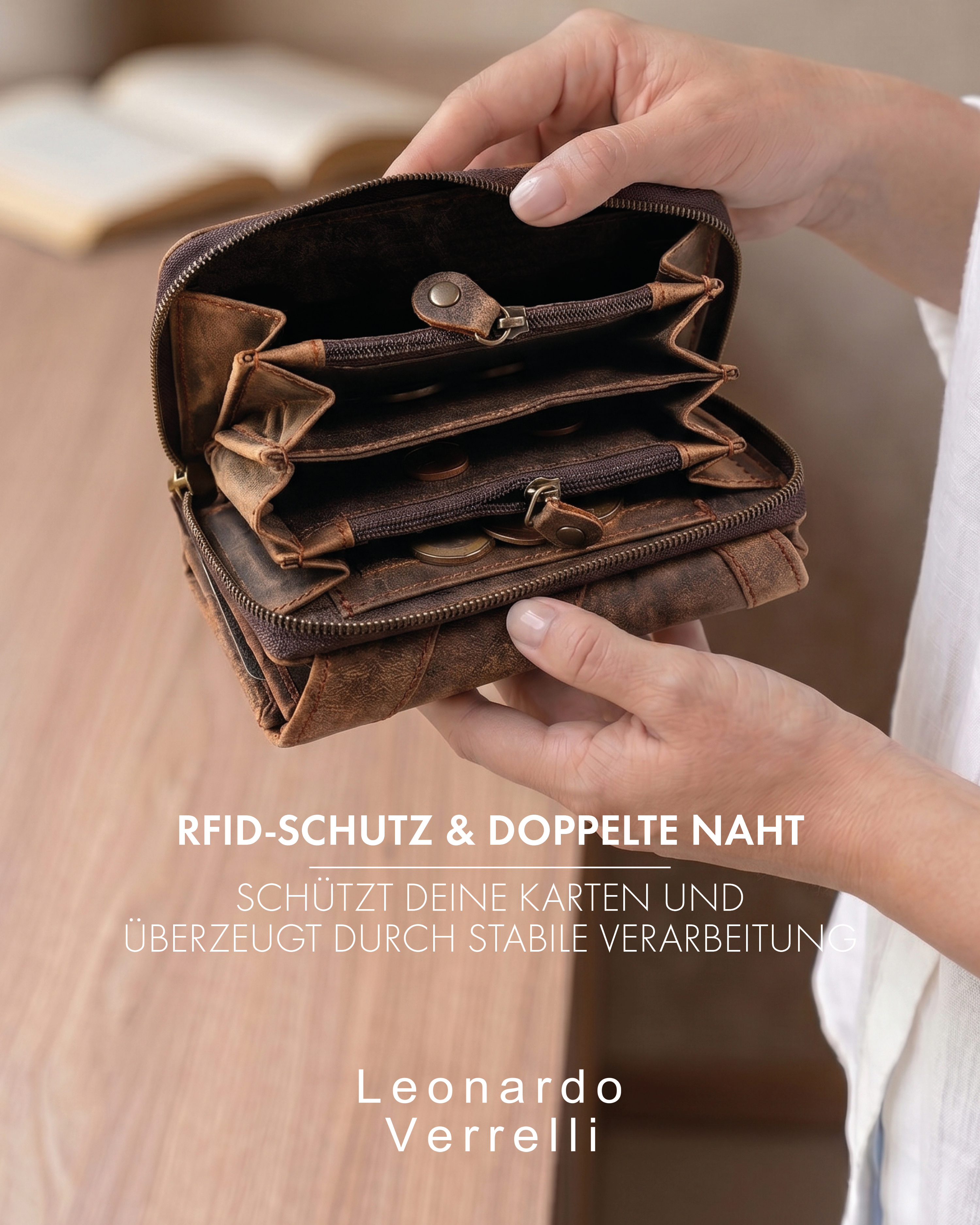 Leonardo Verrelli Echtleder (Hunter) Damen Geldbörse, Querformat, RFID, braun