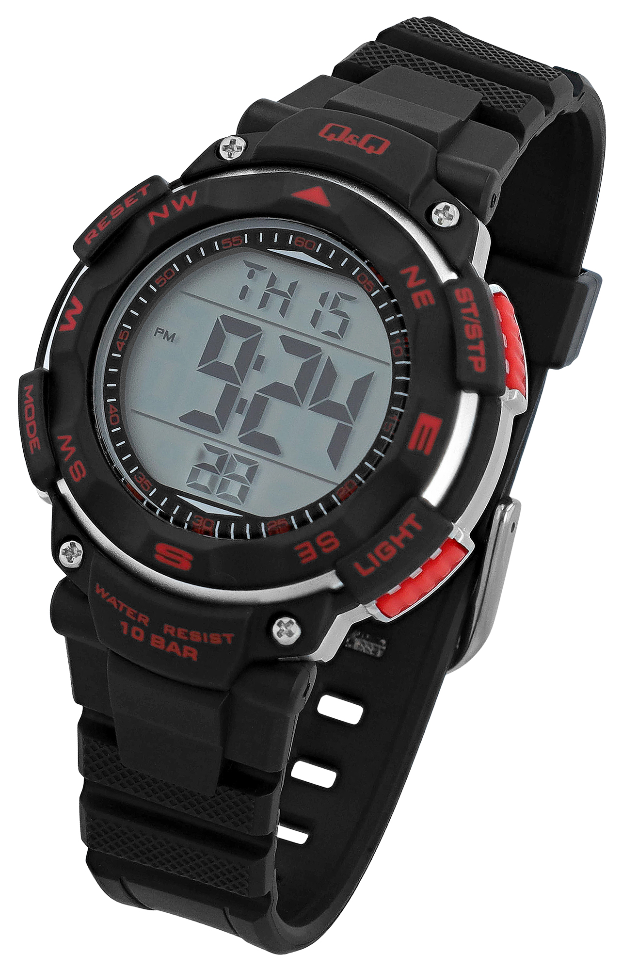 Q&Q Herren-/Jugend Digitaluhr, Kunststoff, Silikonarmband, schwarz, 10 ATM, Ø 36 mm