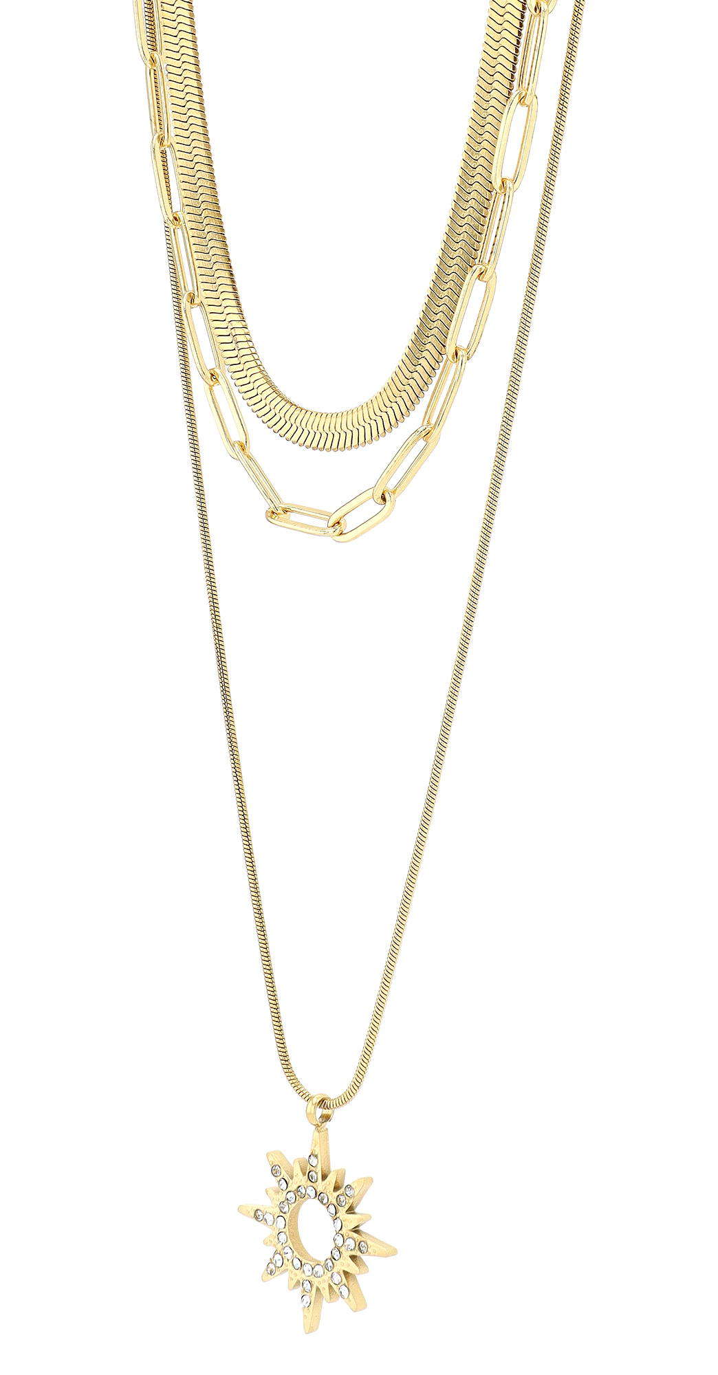 "Eliana" Edelstahl Layering Kette mit Anhänger (Sonne), 40/ 42/ 50 + 5 cm, goldfarben