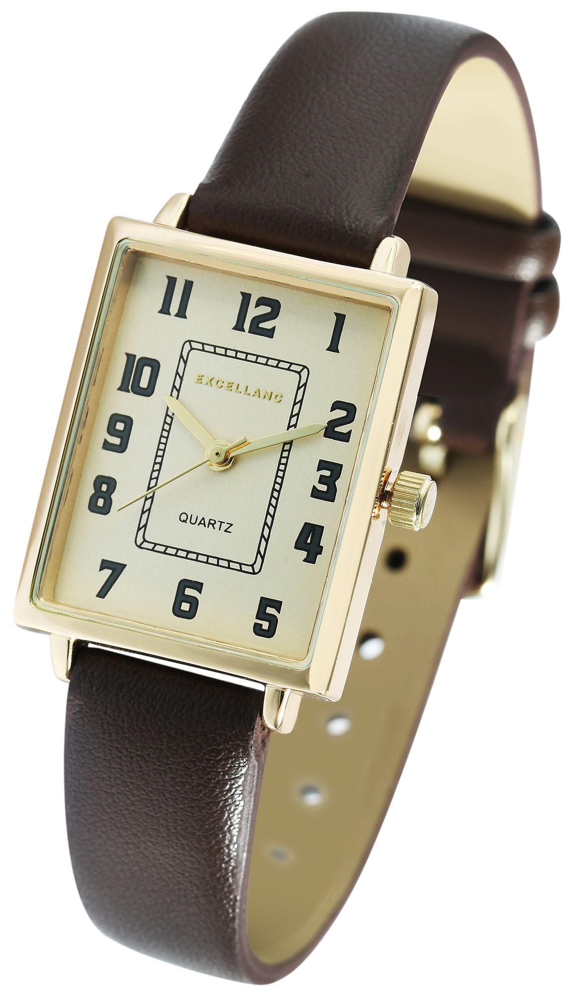 Excellanc Damenuhr mit Lederimitationsarmband, dunkelbraun/goldfarben