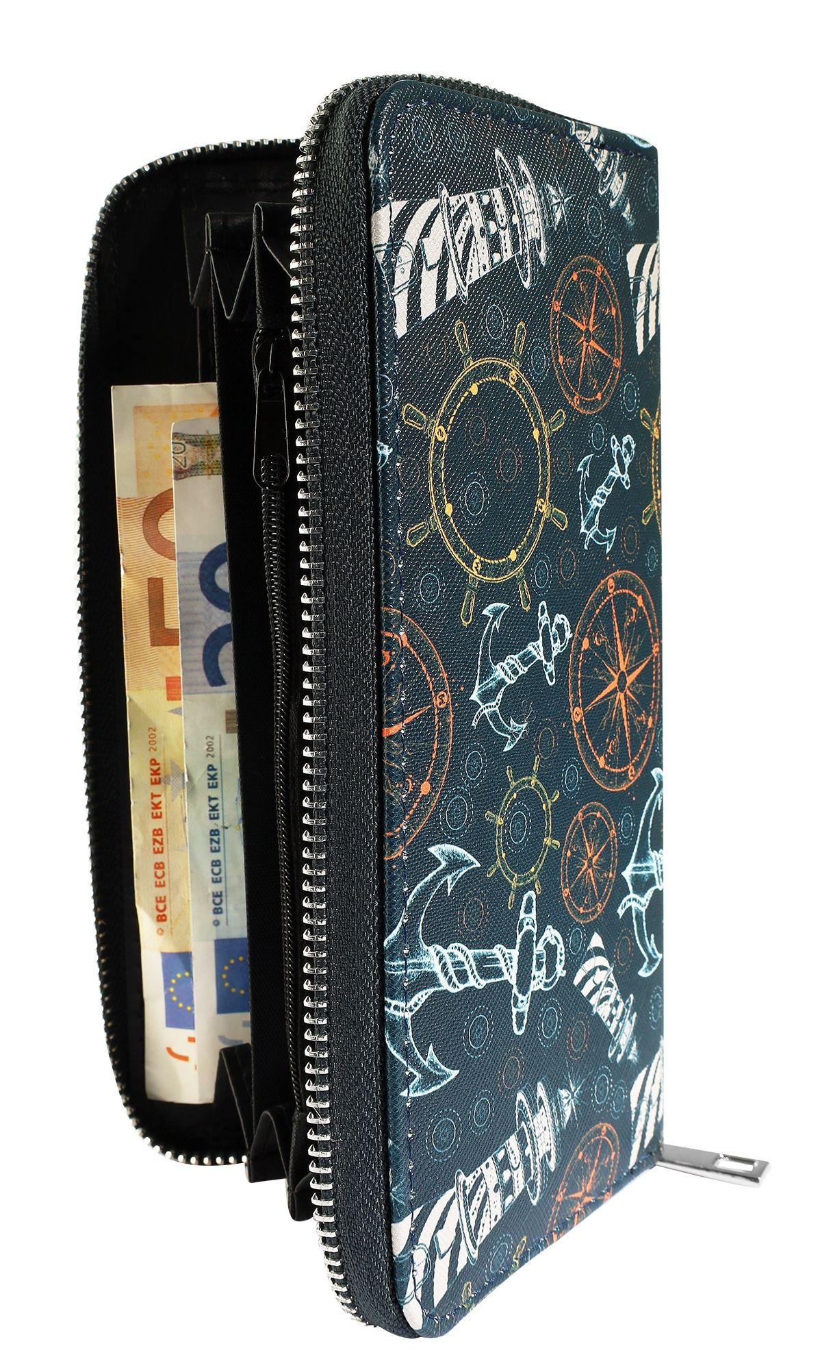 Cham Cham Damengeldbörse aus Lederimitat, dunkelblau mit maritimen Motiven