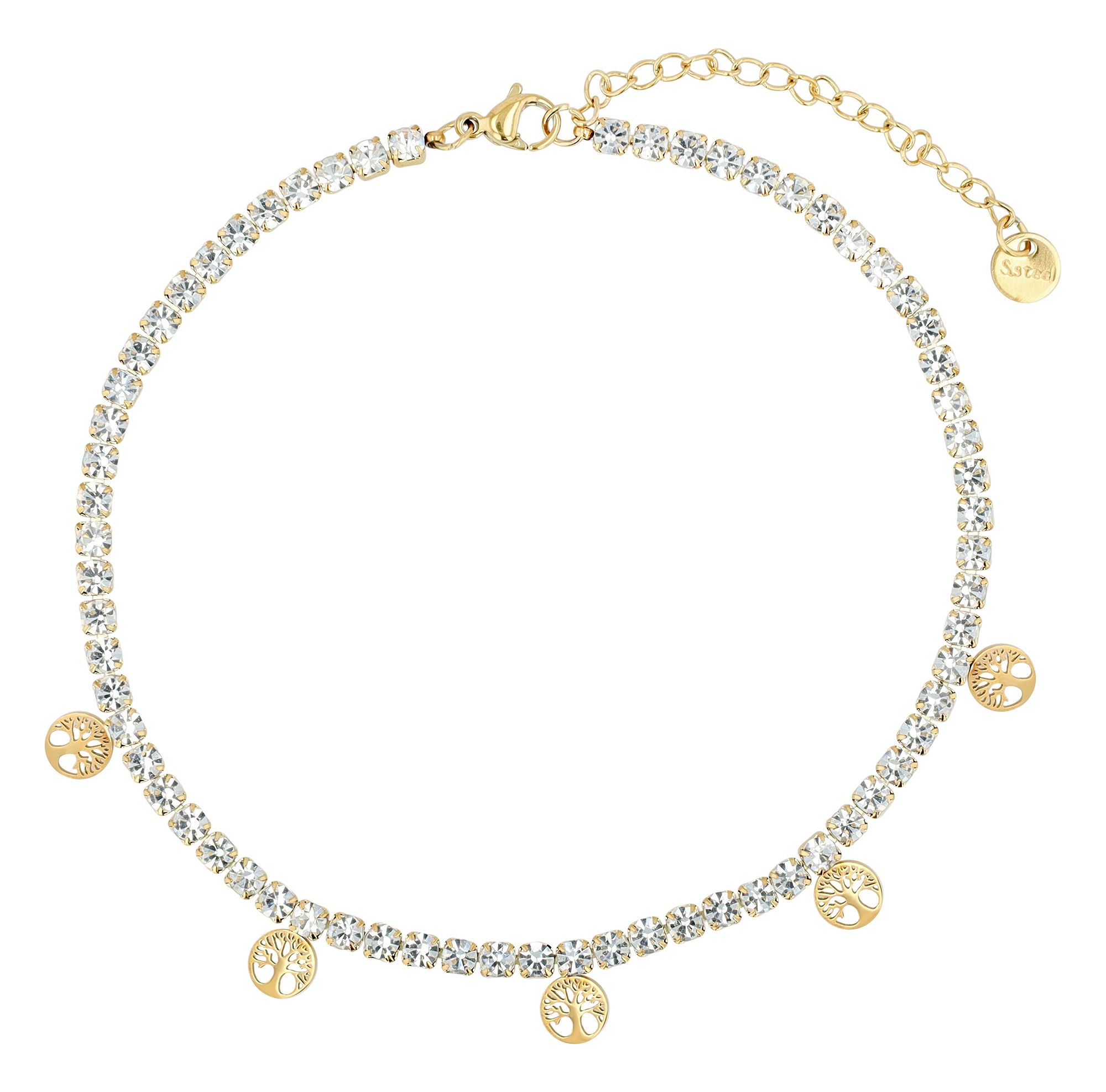 Akzent Tennis-Fußkette "Fidelia", Edelstahl & Simili mit Lebensbaumanhänger, goldfarben