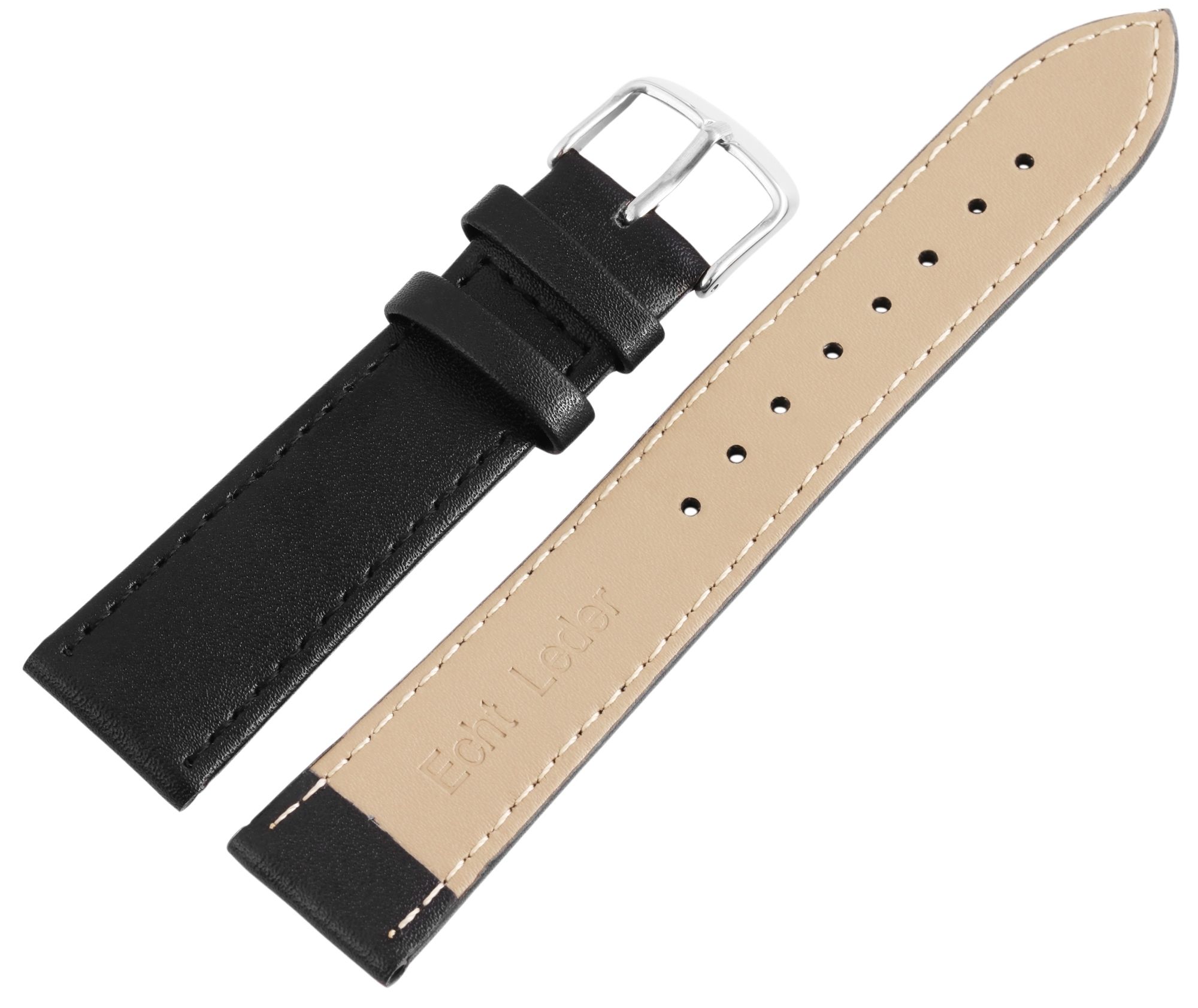 Echtleder-Uhrenarmband, schwarz/silberfarbig, 10 mm