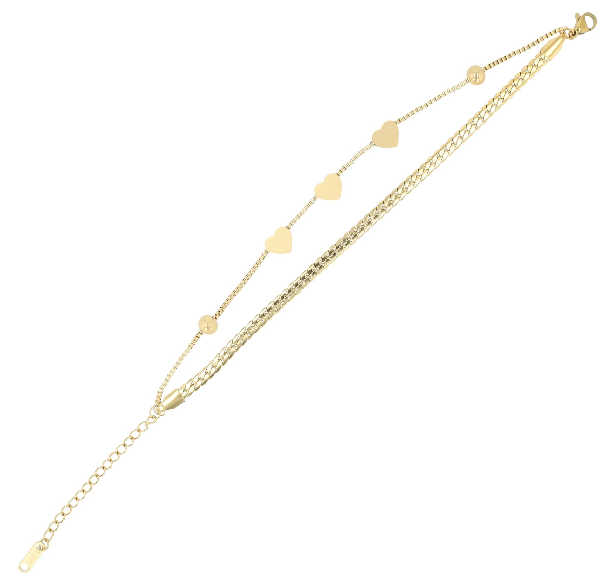 "Roxane" 2 Layering Armband, Edelstahl, Herzen & Kugeln, 17+5 cm, goldfarben