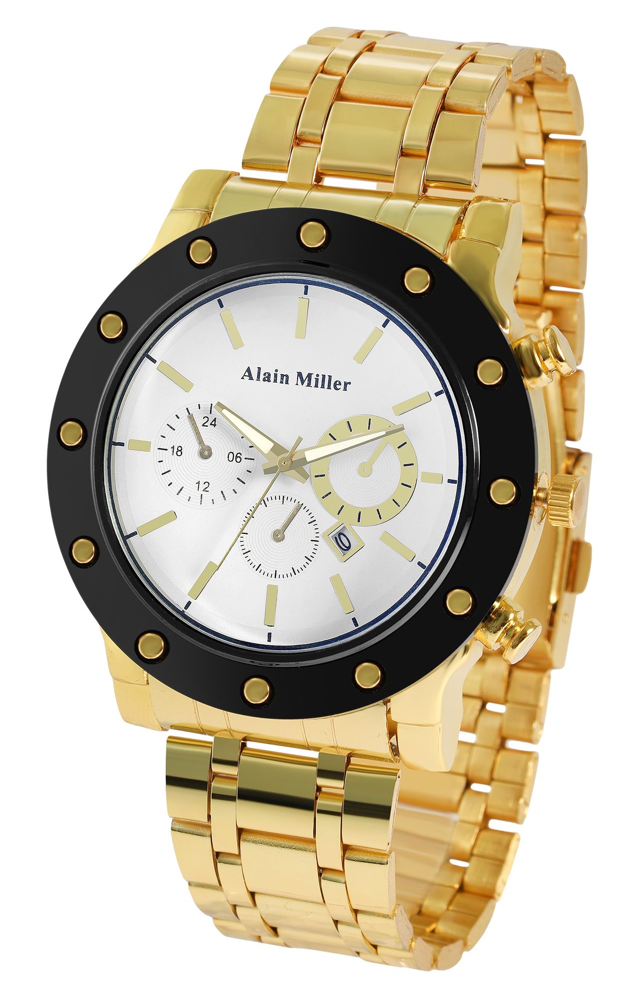 Alain Miller Herrenuhr mit Edelstahlband, goldfarbig/ schwarz/ weiß
