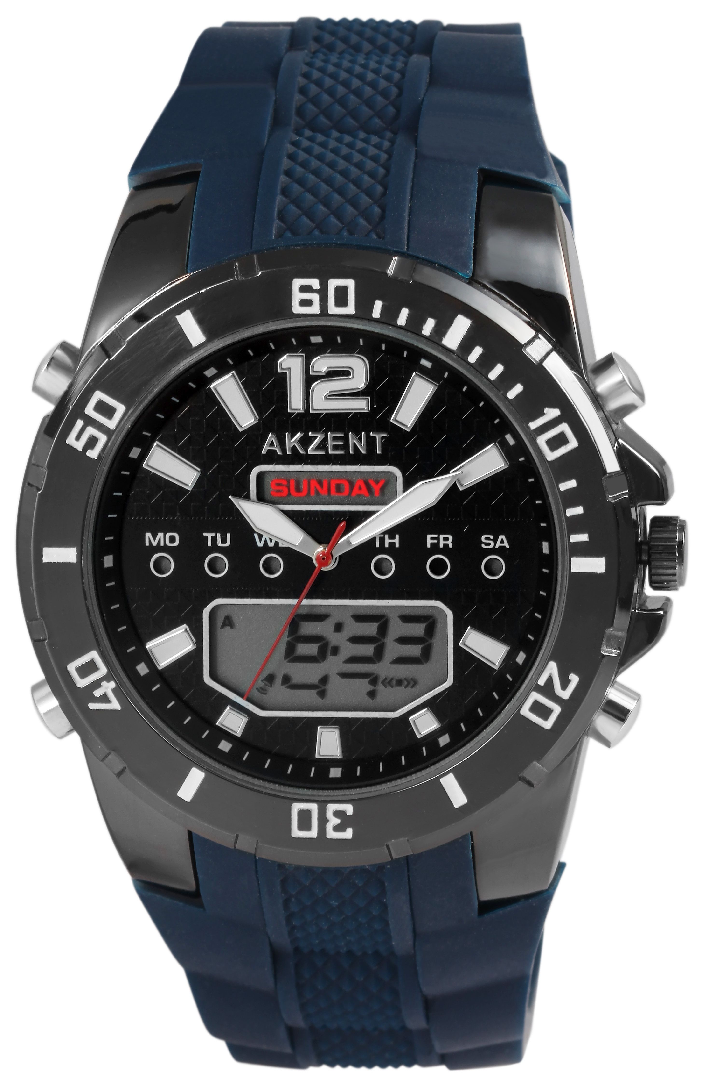 Akzent Analog-Digital Herrenuhr mit Silikonarmband, blau