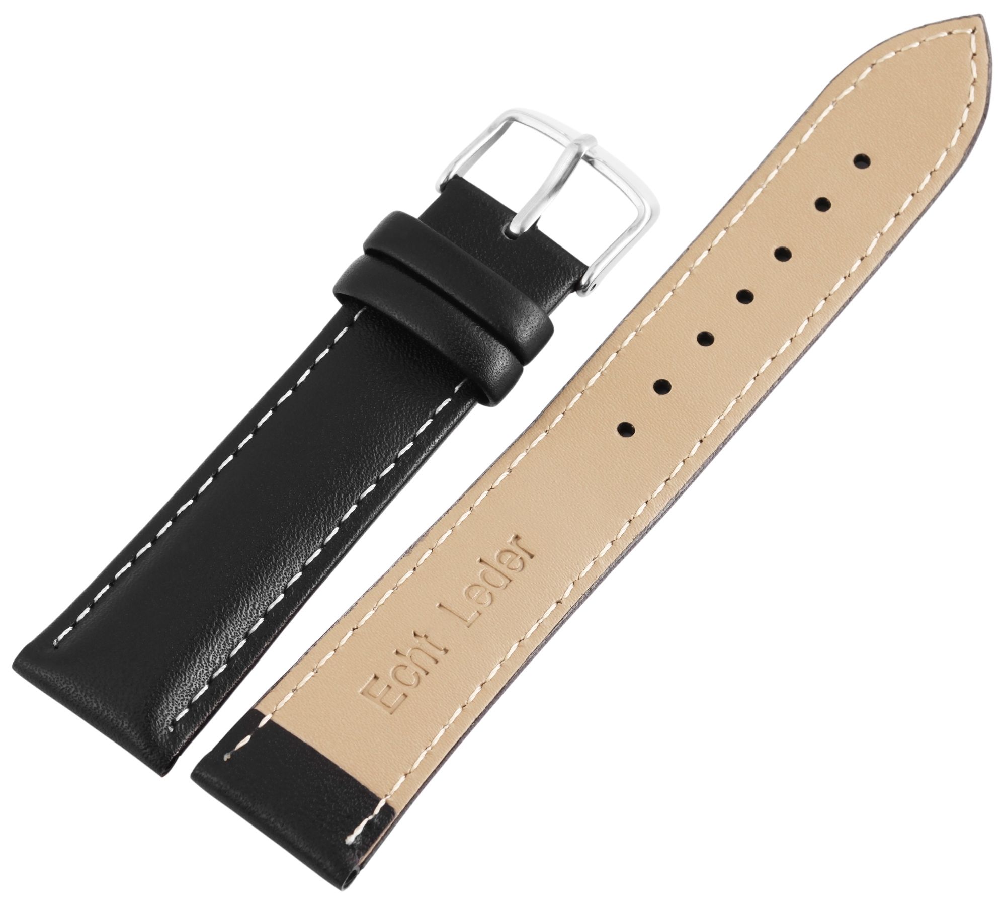 Echtleder-Uhrenarmband, schwarz, weiße Naht, 12 mm