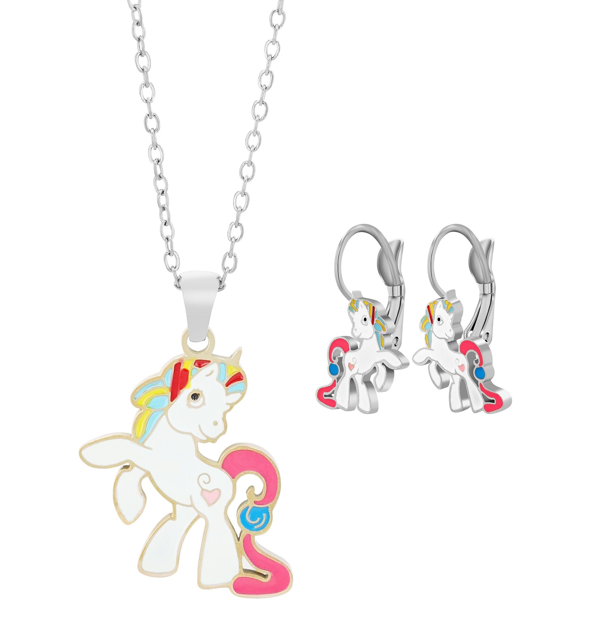 "Solara" Edelstahl Kinder Schmuckset - Einhorn, Kette (45+5cm) mit Anhänger und Ohrhängern, silberfarben