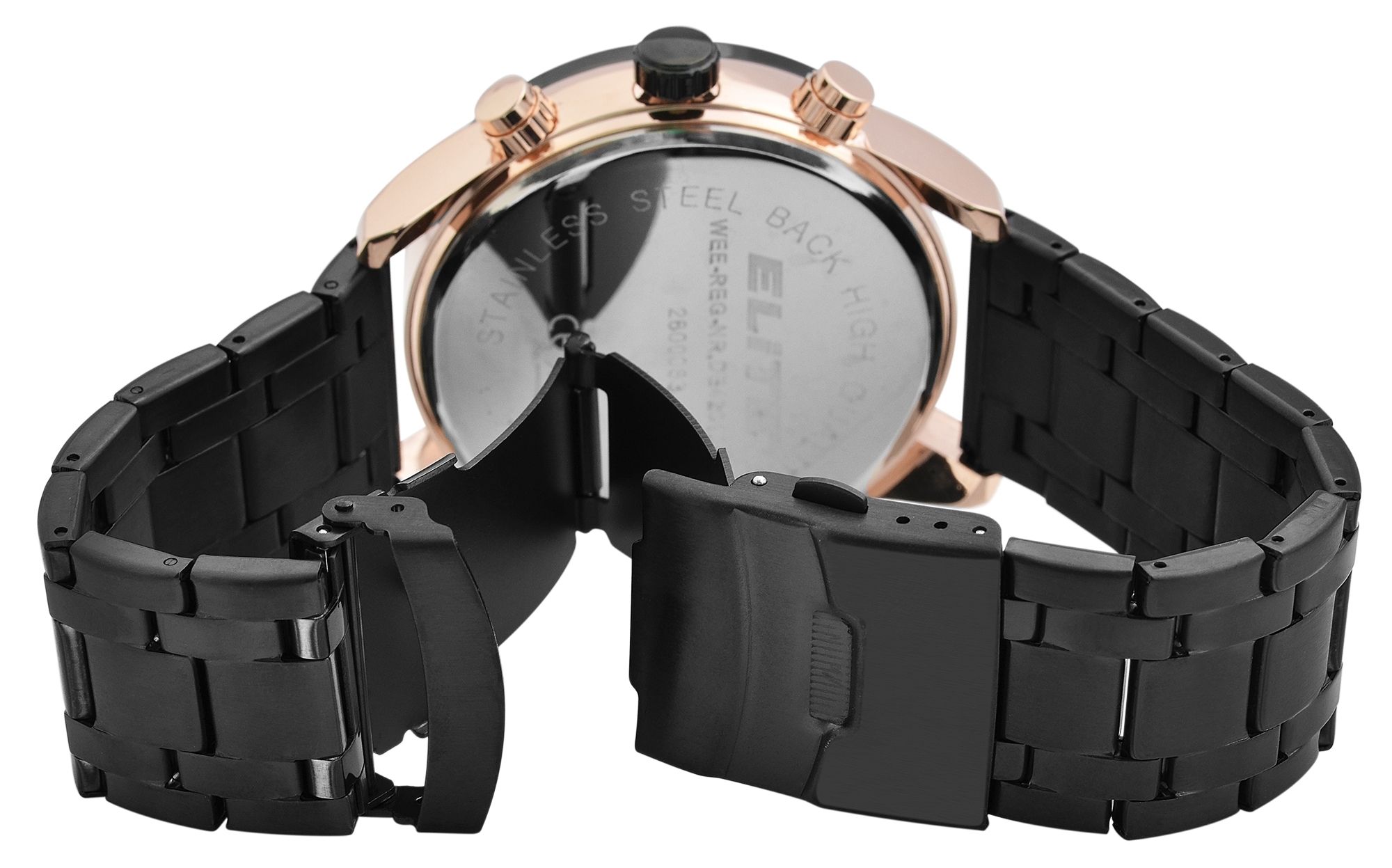 Elite Herren Chronograph mit Metallband, 3ATM, Schwarz/ roségoldfarbig