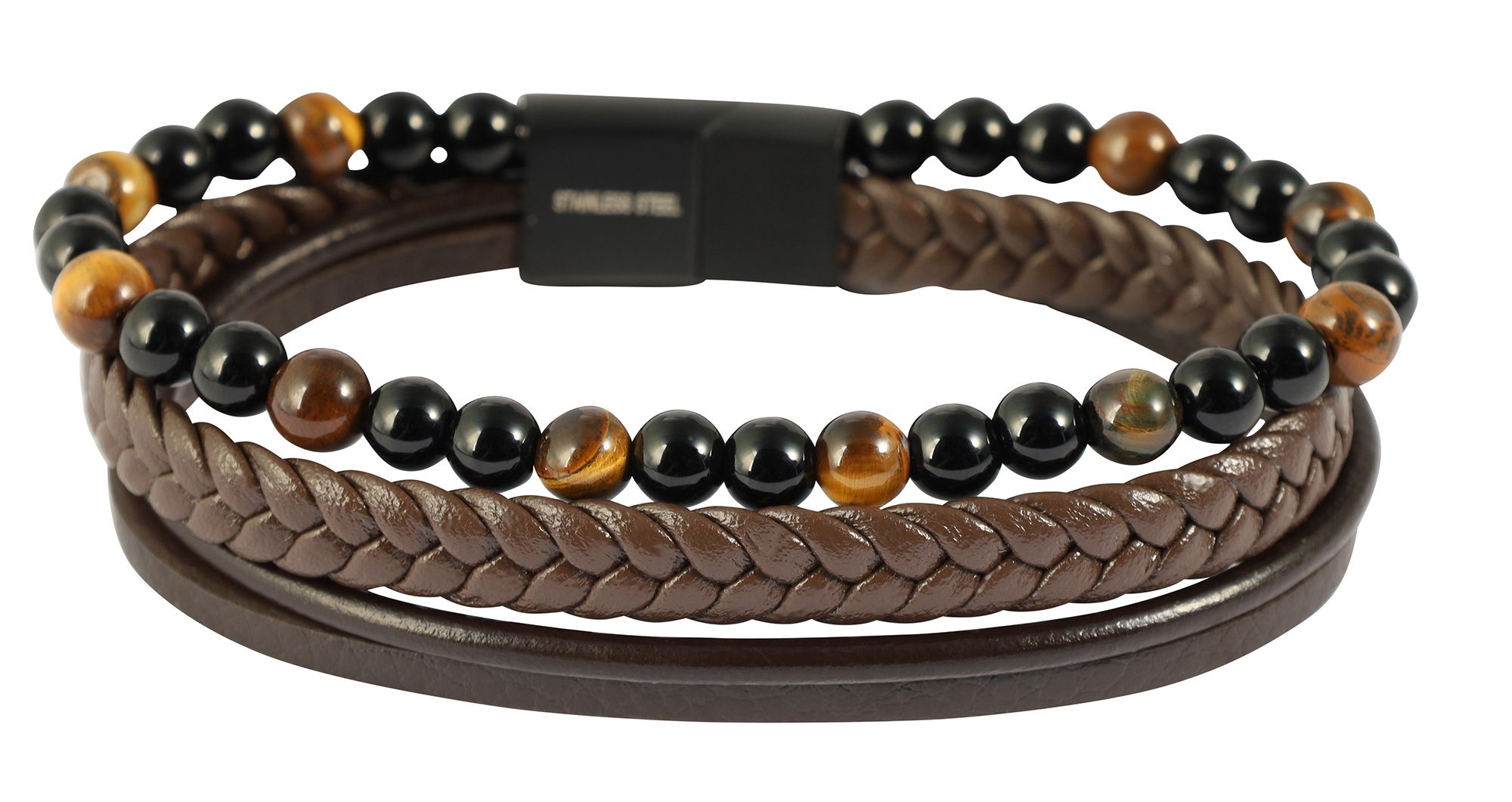"Nando" - 23 cm, Armband aus Lederimitat, brauner Tigerauge und Onyx, 4-VE