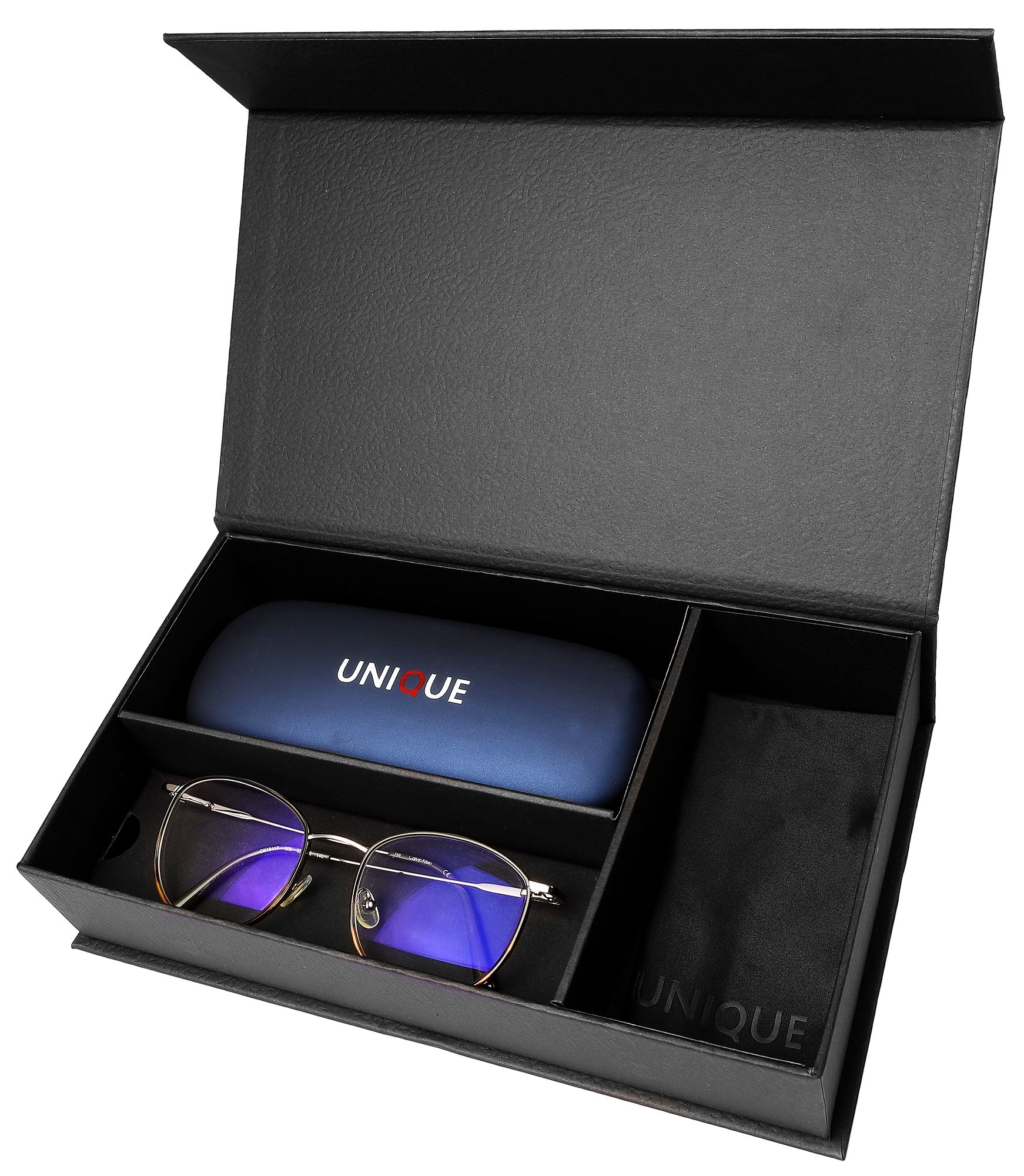 Brillenbox mit drei Fächern und magnetischem Klappmechanismus, schwarz