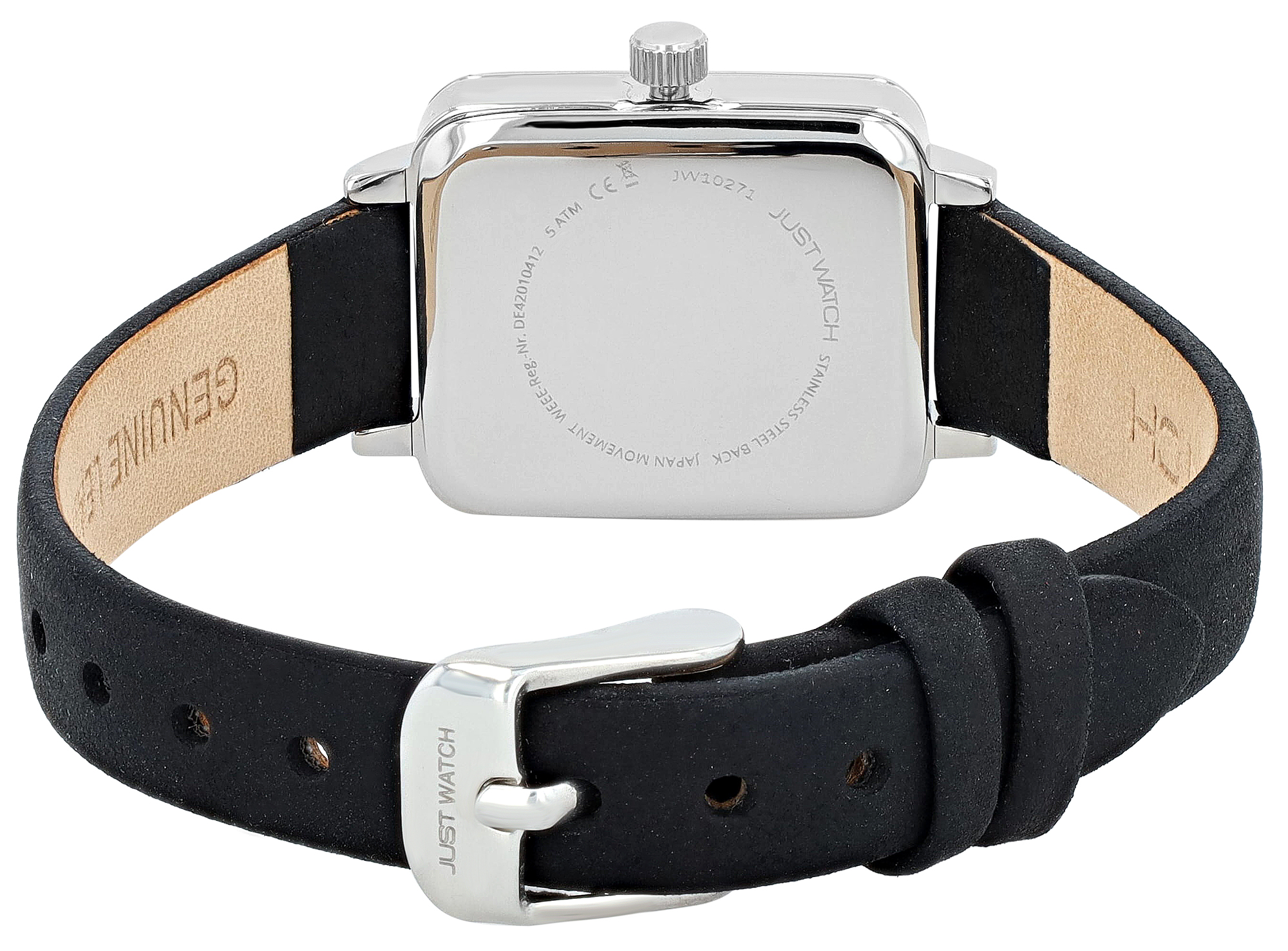 JUST WATCH Damenuhr "Aveline" mit Echtlederband, eckiges Design, schwarz/ silberfarben