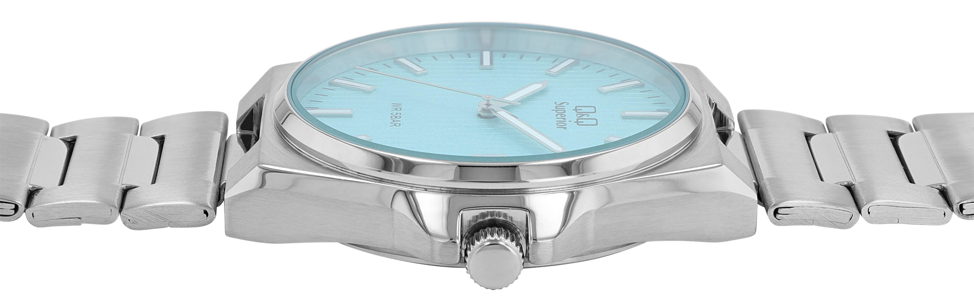Q&Q Superior Herrenuhr Ø 40 mm, Edelstahlgehäuse, Edelstahlband, silberfarben/türkis