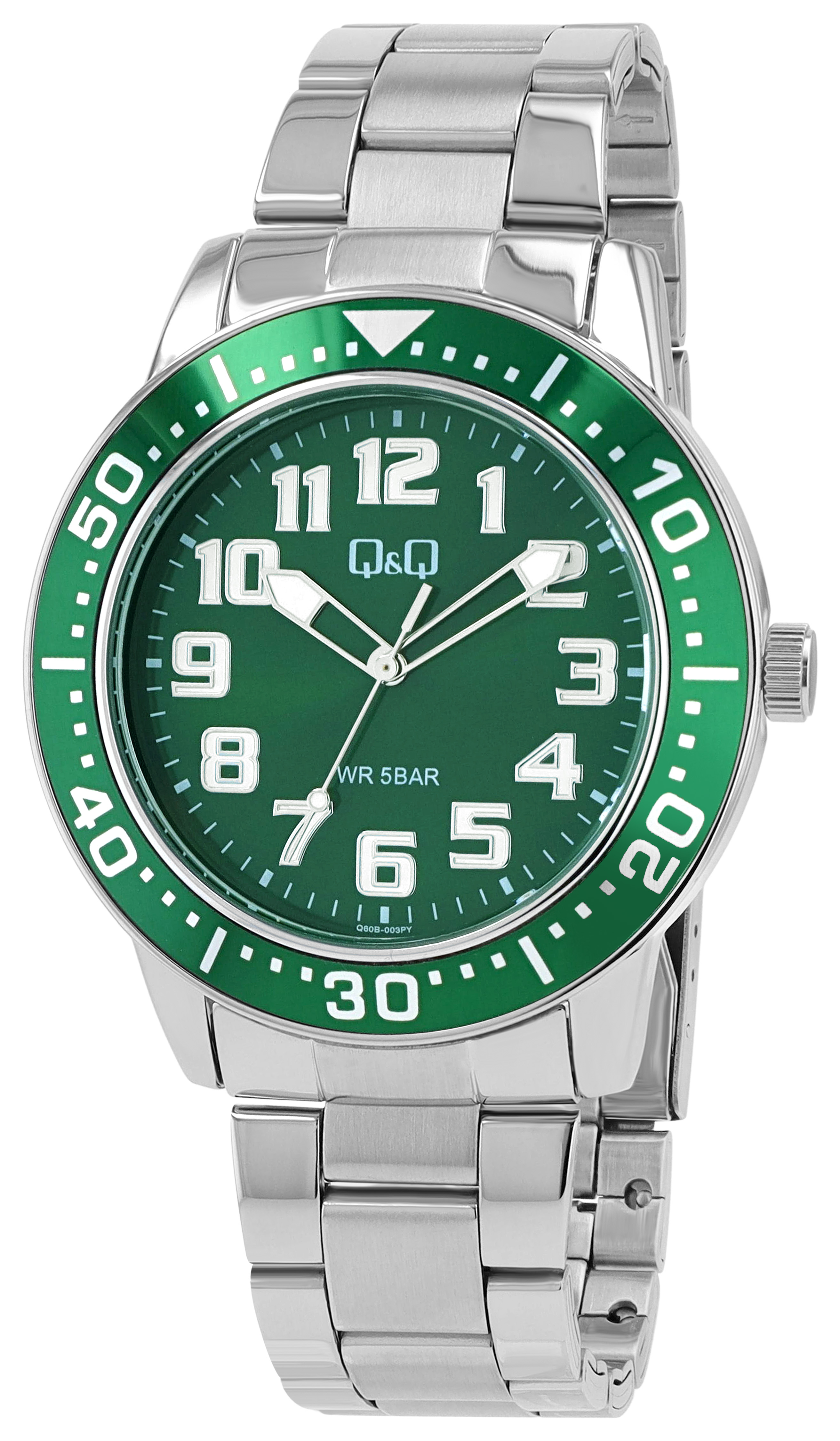 Q&Q Herrenuhr, Edelstahlgliederarmband, Faltschließe, silberfarben/grün, 5ATM, Ø 45 mm