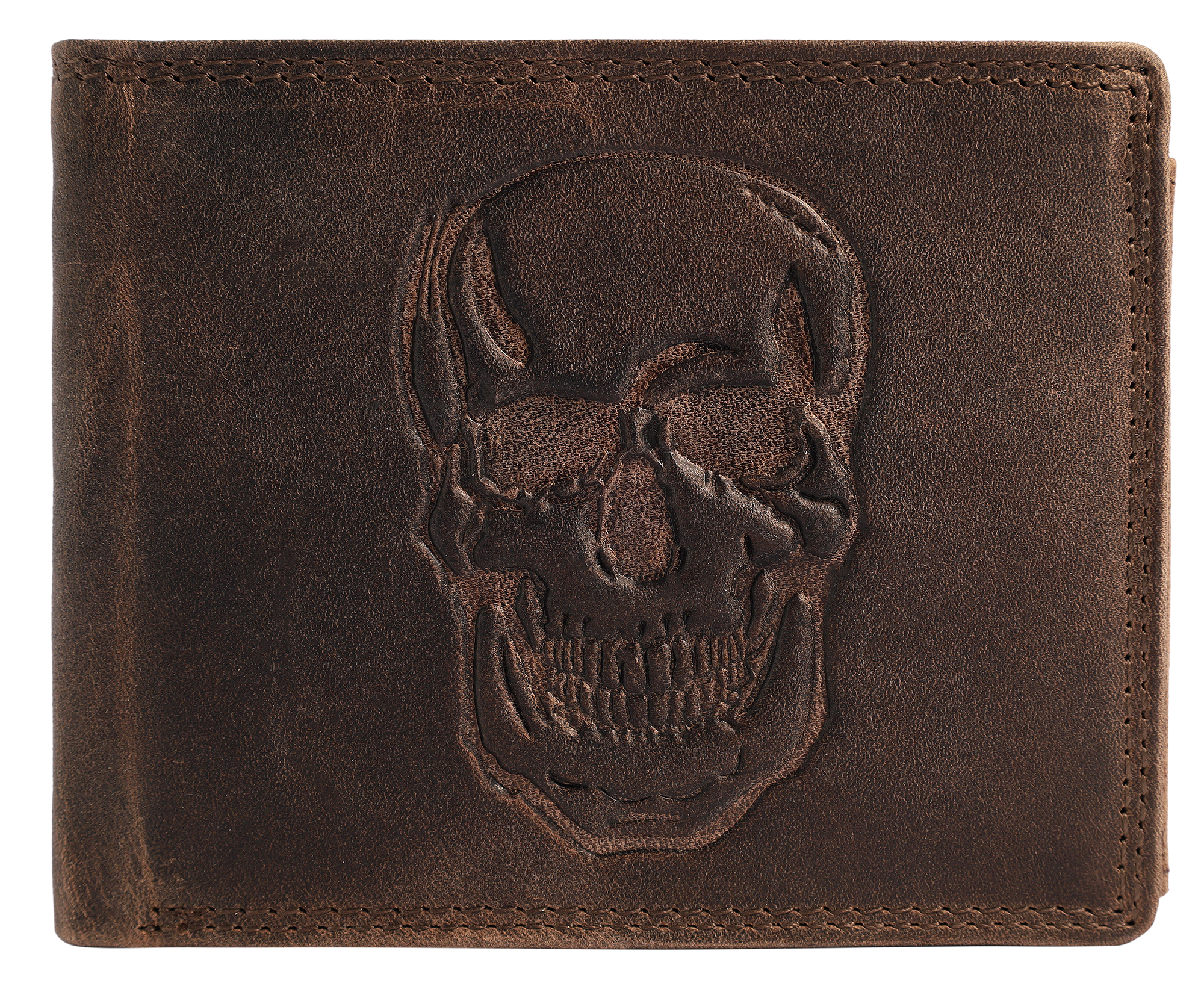Akzent Echt Leder (Hunter-Leder) Geldbörse, RFID, Querformat, "Totenkopf", braun