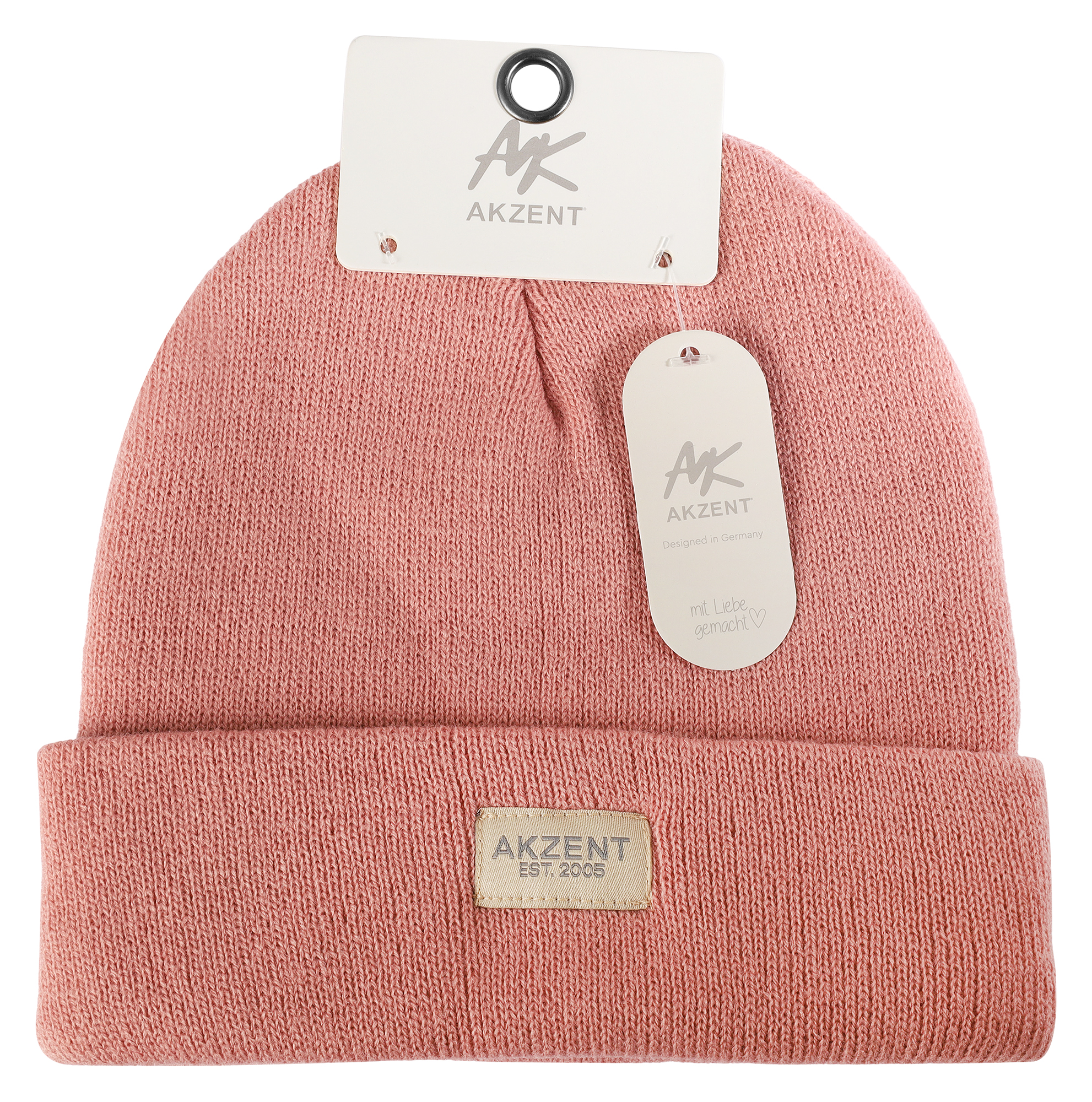 Akzent Strickmütze/ Beanie mit Umschlag, 100% Acryl, 4-VE, altrosa