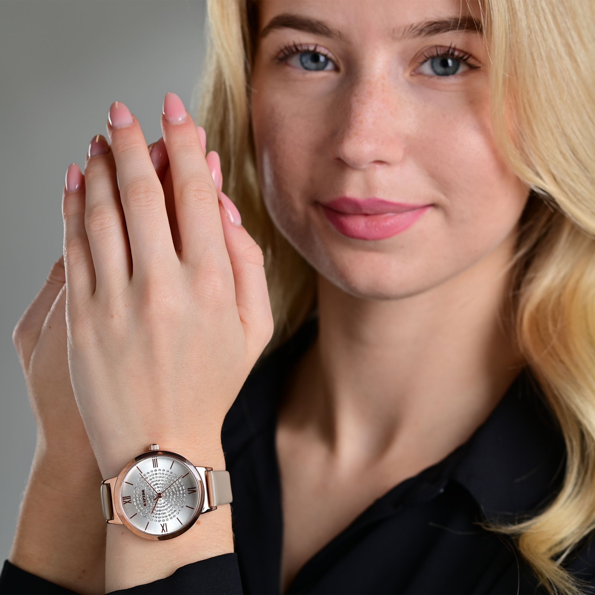 Raptor Damenuhr "Tess" mit Echtlederarmband, taupe/roségoldfarben