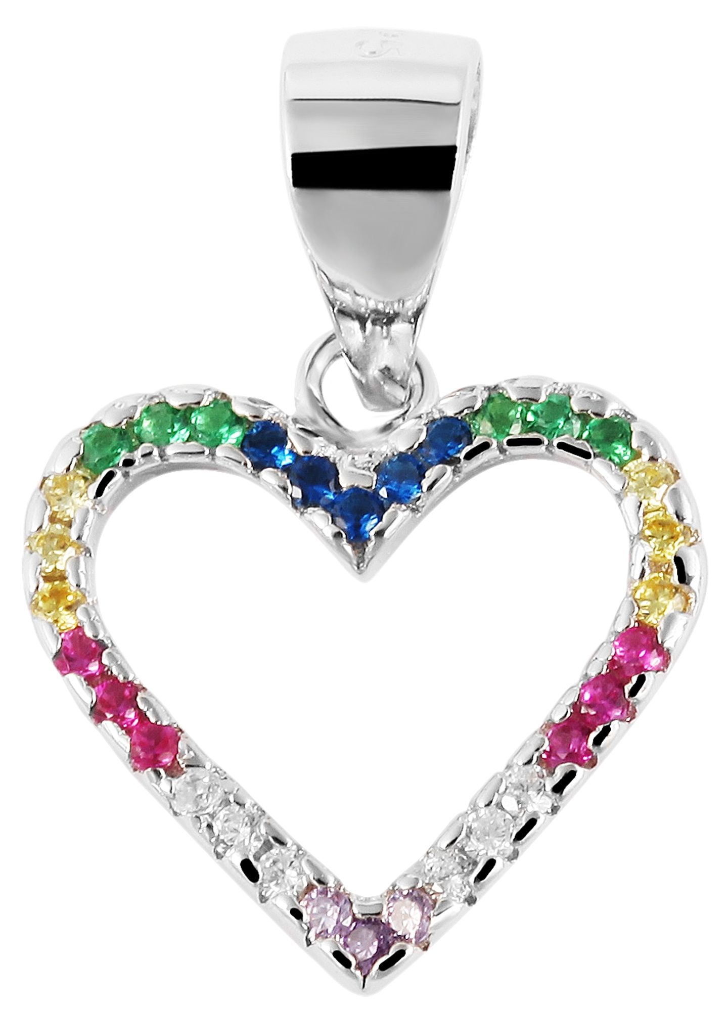 925/- Echt Silber Anhänger ohne Kette "Hille", Herz mit bunten Zirkoniasteinen, 925/rhodiniert