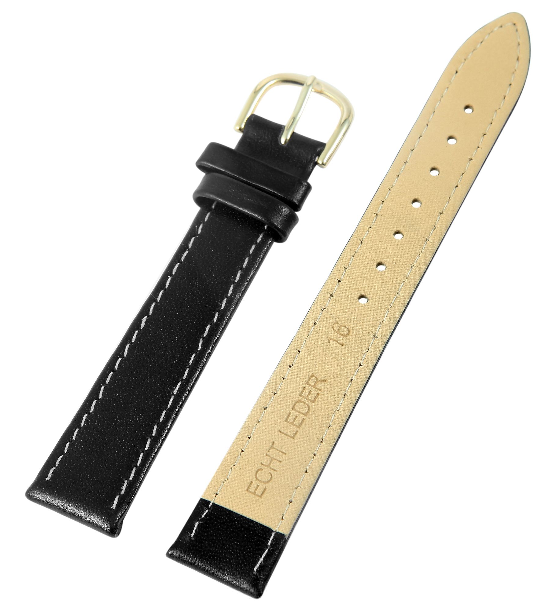 Basic Echtleder Ersatzarmband, schwarz, glatt, 16 mm Stegbreite, Dornschließe, VE12