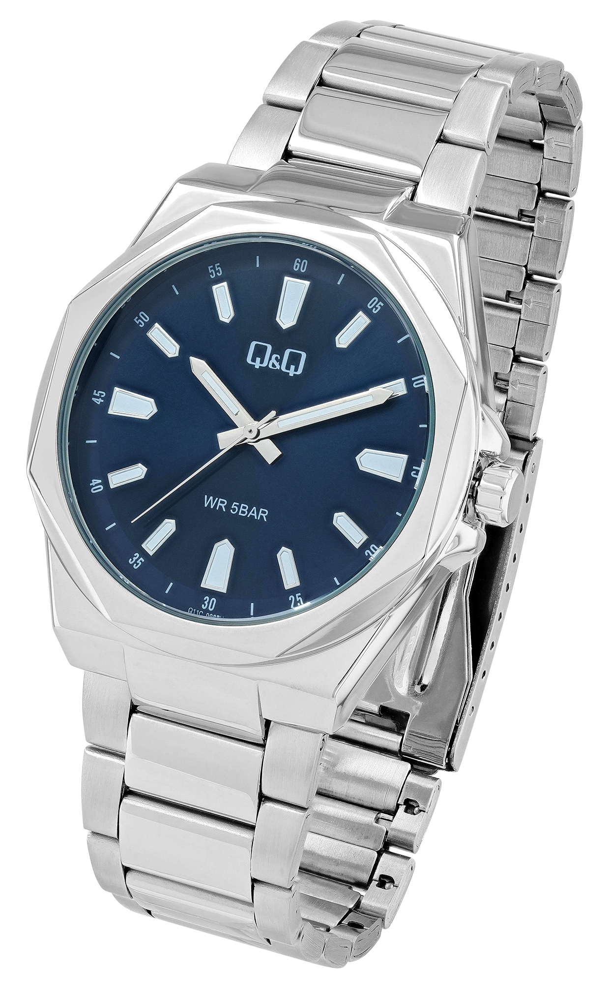 Q&Q Herrenuhr mit Edelstahlband, Ø 42 mm, silberfarben/ blau