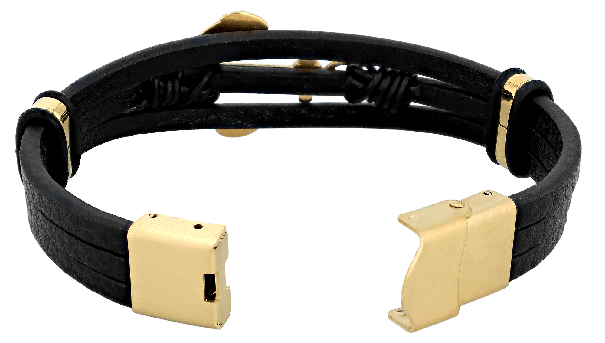 "Baltura", Akzent Lederarmband, Edelstahl Anker, schwarz/goldfarben, 19 cm