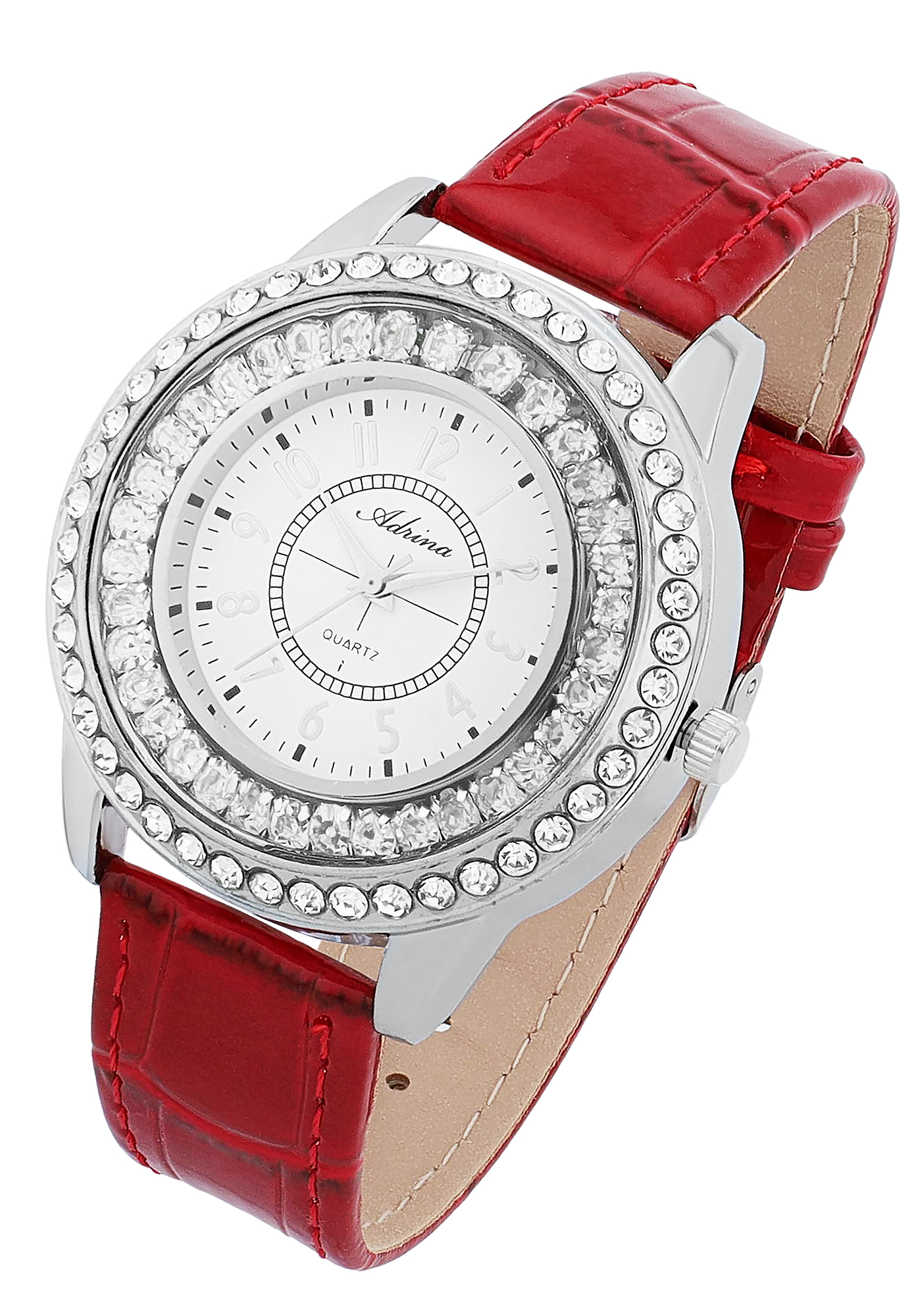 Adrina Damenuhr, Lederimitat Armband, Metall, Simili, silberfarben/rot